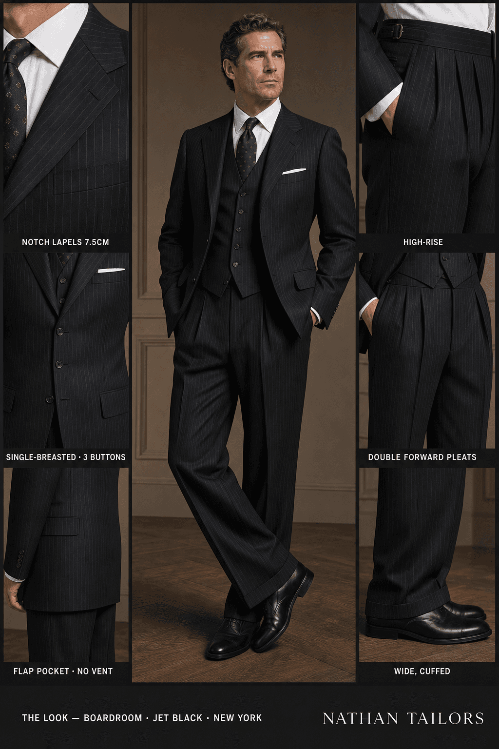 jet black pinstripe single-breasted bespoke suit — custom tailored by Nathan Tailors, the Hoi An custom tailor