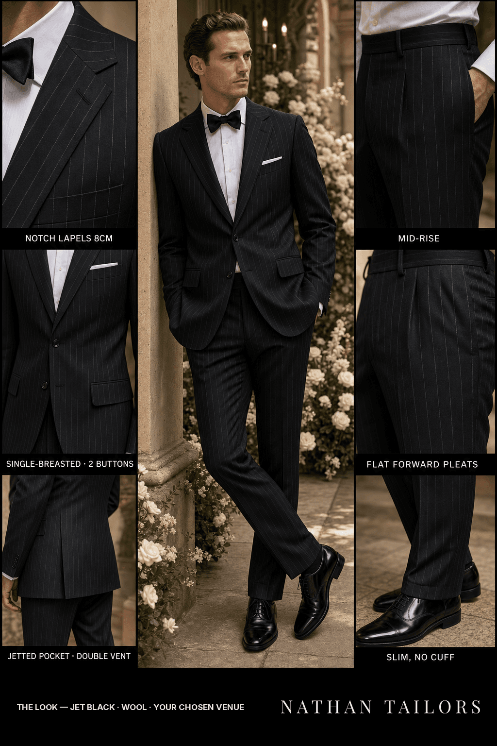 jet black pinstripe single-breasted bespoke suit — custom tailored by Nathan Tailors, the Hoi An custom tailor