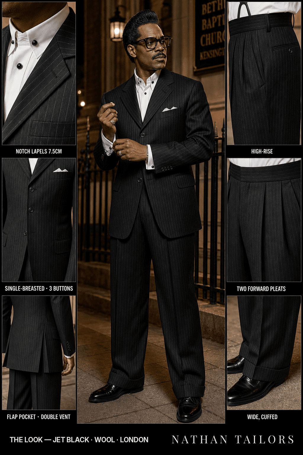 jet black pinstripe single-breasted bespoke suit — custom tailored by Nathan Tailors, the Hoi An custom tailor