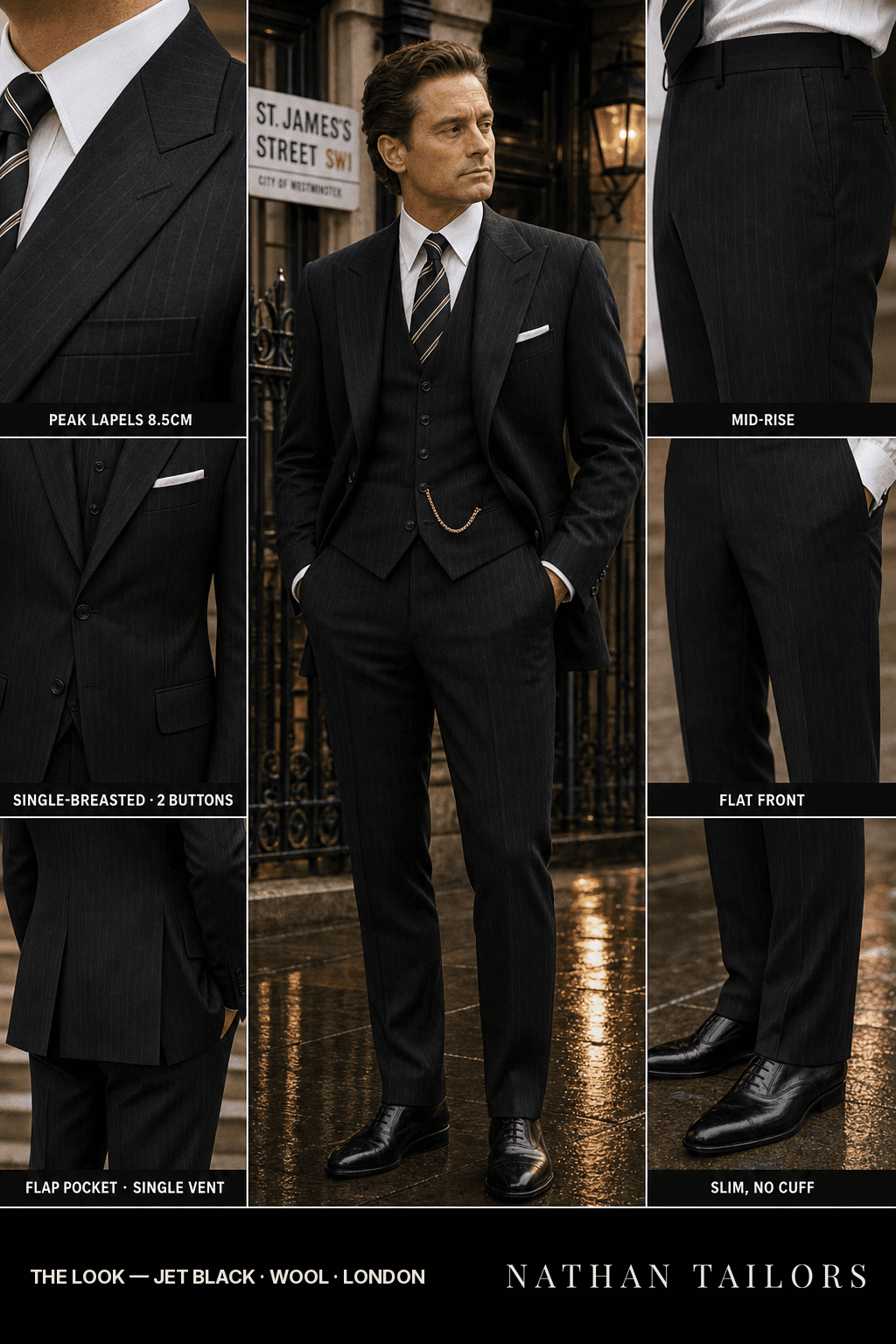 jet black pinstripe single-breasted bespoke suit — custom tailored by Nathan Tailors, the Hoi An custom tailor