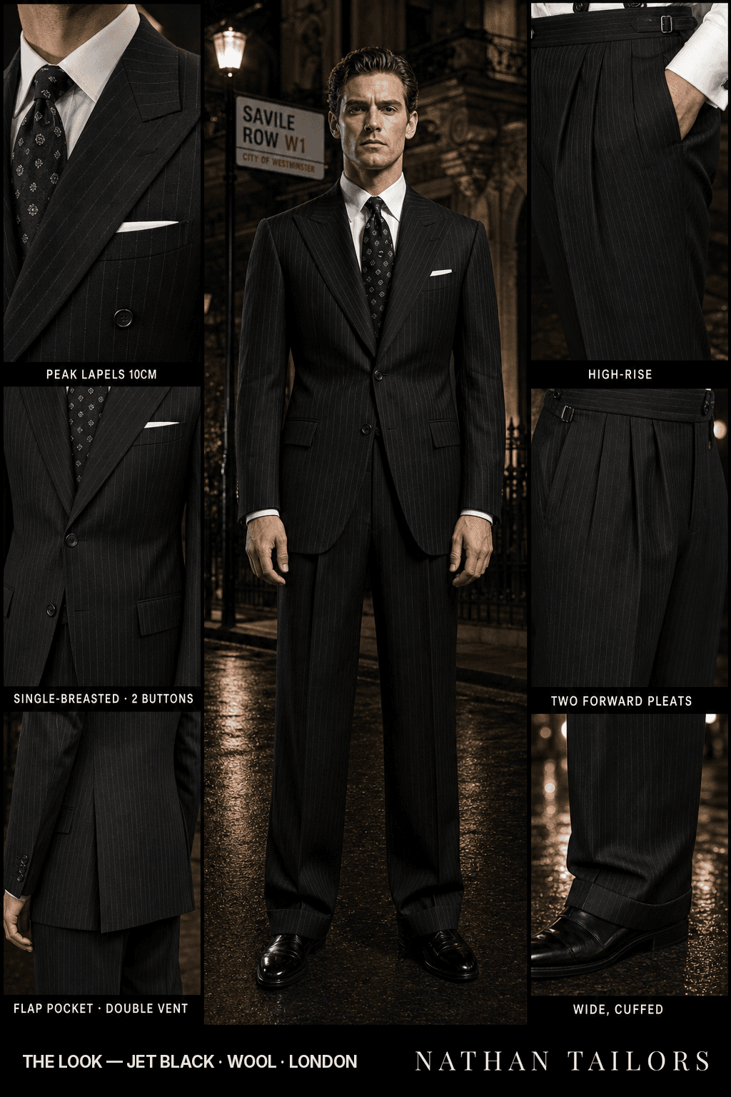 jet black pinstripe single-breasted bespoke suit — custom tailored by Nathan Tailors, the Hoi An custom tailor