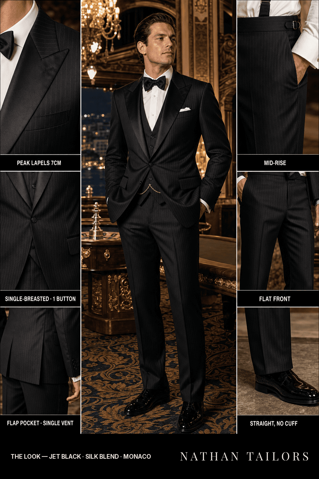 jet black pinstripe single-breasted bespoke suit — custom tailored by Nathan Tailors, the Hoi An custom tailor