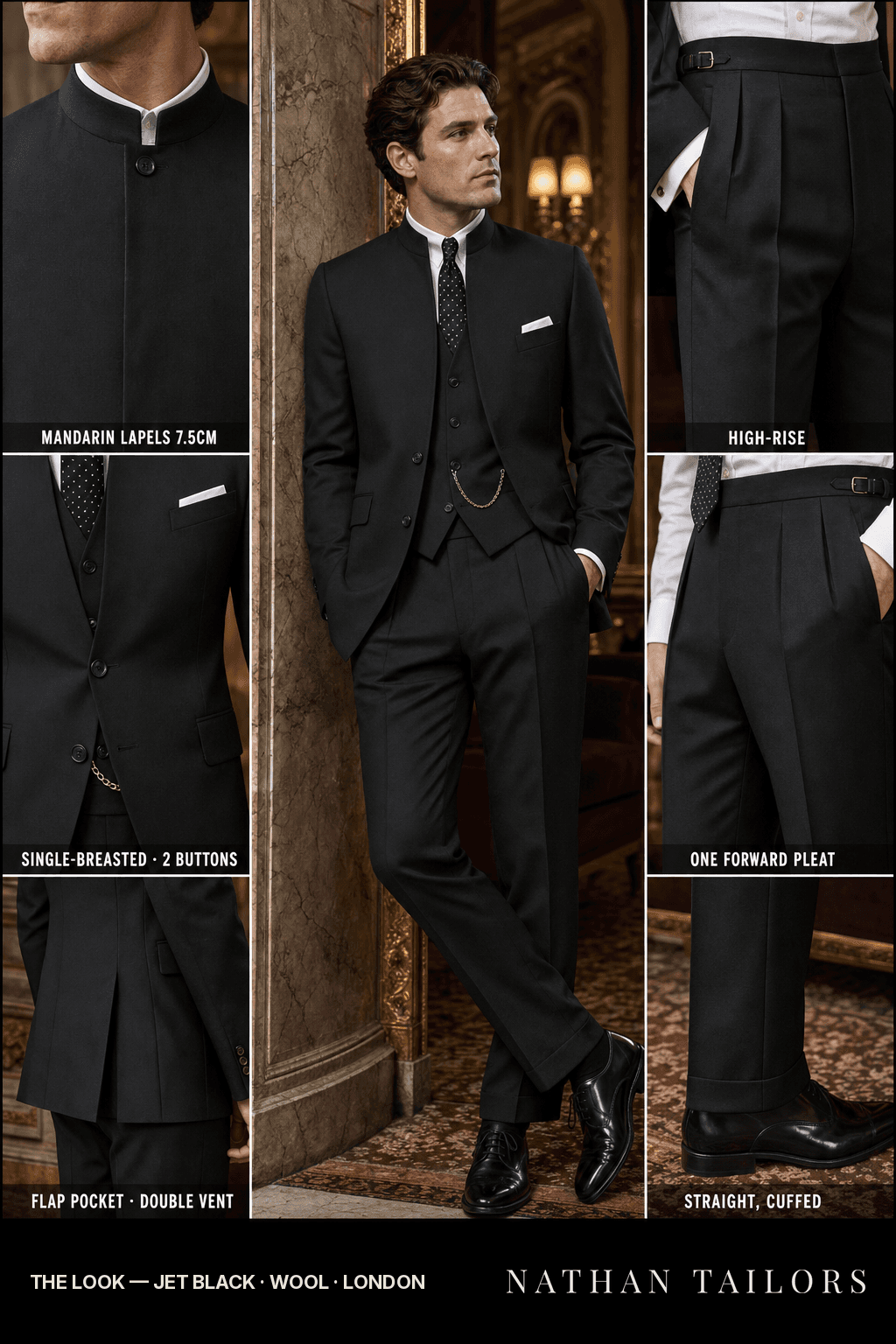 jet black single-breasted bespoke suit — custom tailored by Nathan Tailors, the Hoi An custom tailor
