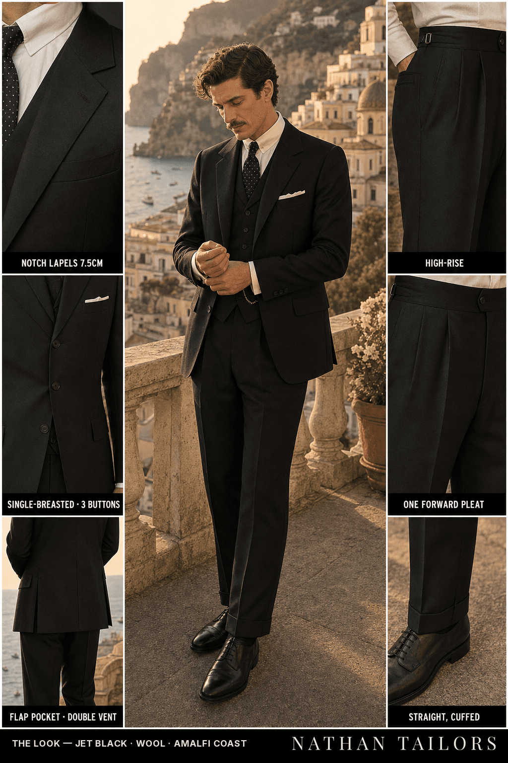 jet black single-breasted suit — Nathan Tailors Hoi An tailor Atelier render
