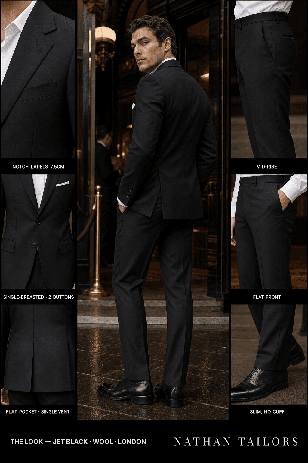 jet black single-breasted bespoke suit — custom tailored by Nathan Tailors, the Hoi An custom tailor