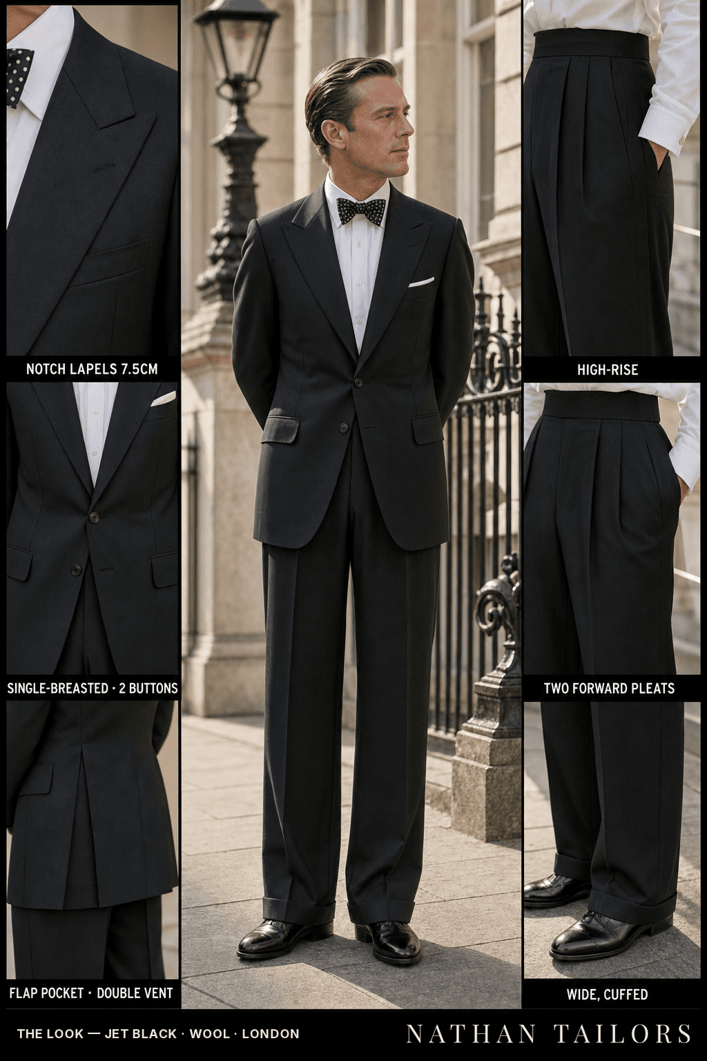 jet black single-breasted notch-lapel bespoke suit — AI-rendered by Nathan Tailors, the Hoi An custom tailor. Available as a custom tailored suit from $149.