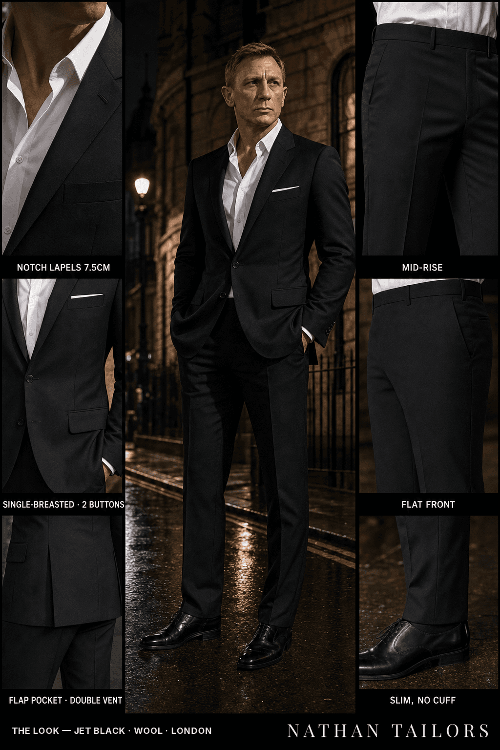 jet black single-breasted bespoke suit — custom tailored by Nathan Tailors, the Hoi An custom tailor