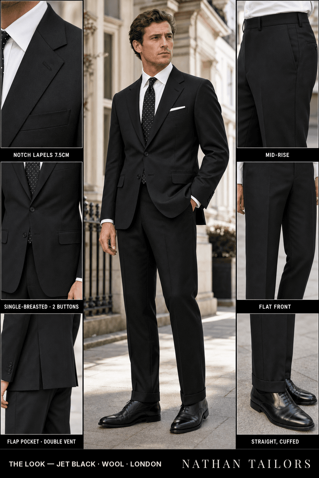 jet black single-breasted notch-lapel bespoke suit — AI-rendered by Nathan Tailors, the Hoi An custom tailor. Available as a custom tailored suit from $149.