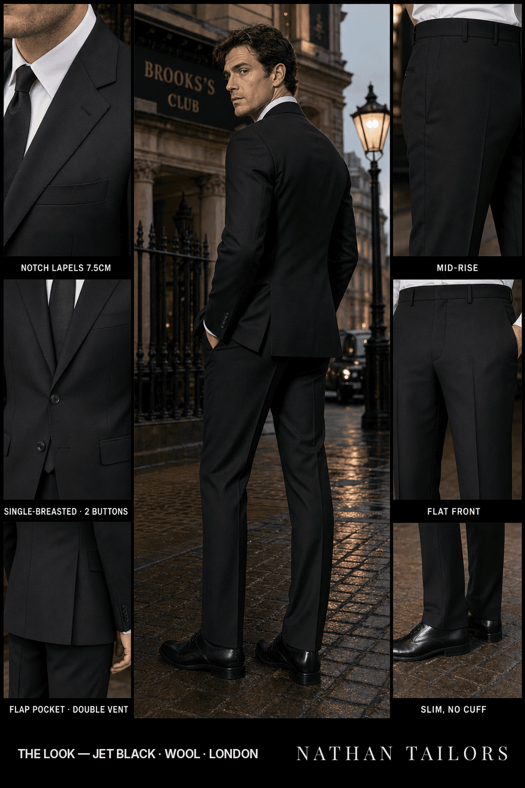 jet black single-breasted notch-lapel bespoke suit — AI-rendered by Nathan Tailors, the Hoi An custom tailor. Available as a custom tailored suit from $149.