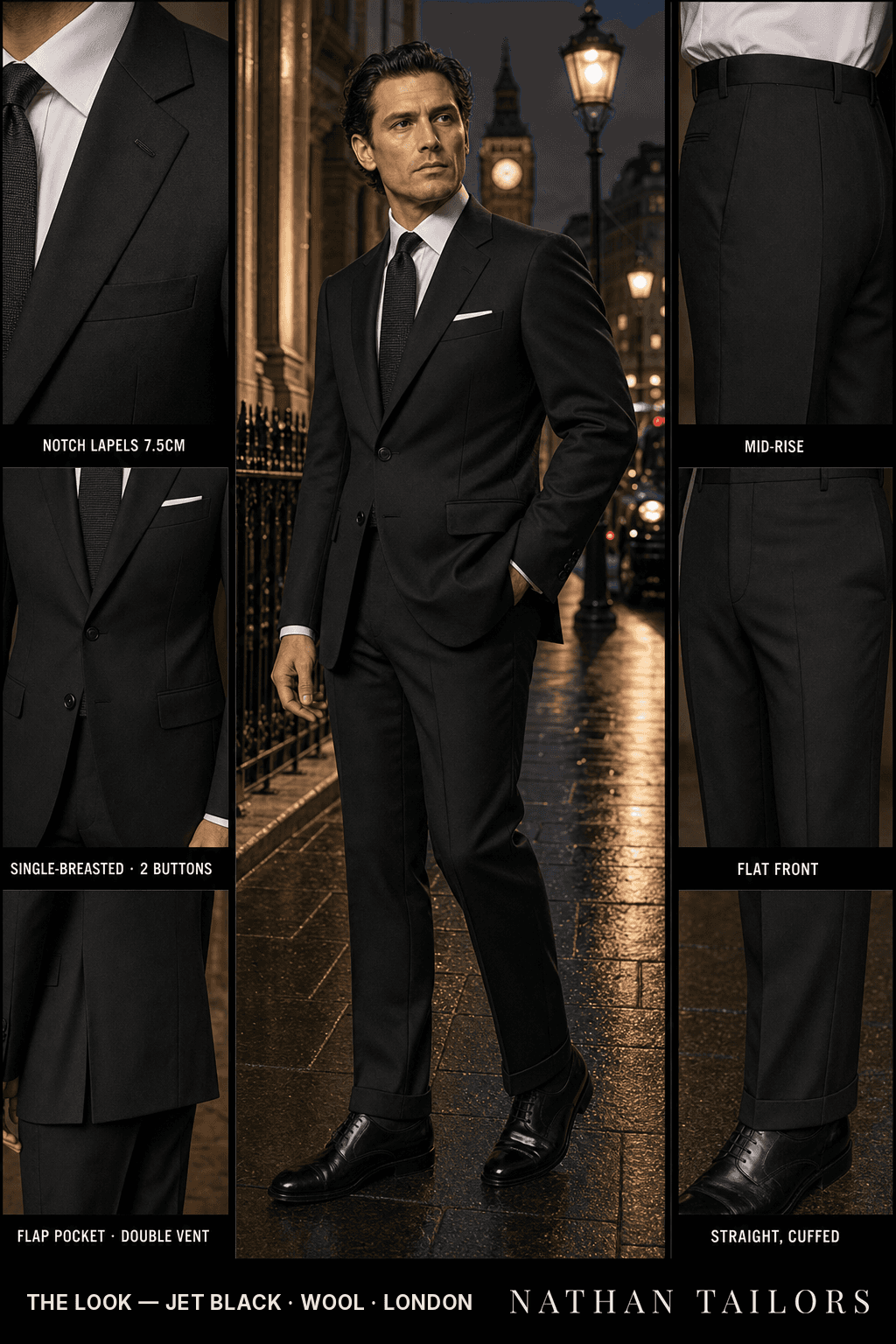 jet black single-breasted notch-lapel bespoke suit — AI-rendered by Nathan Tailors, the Hoi An custom tailor. Available as a custom tailored suit from $149.
