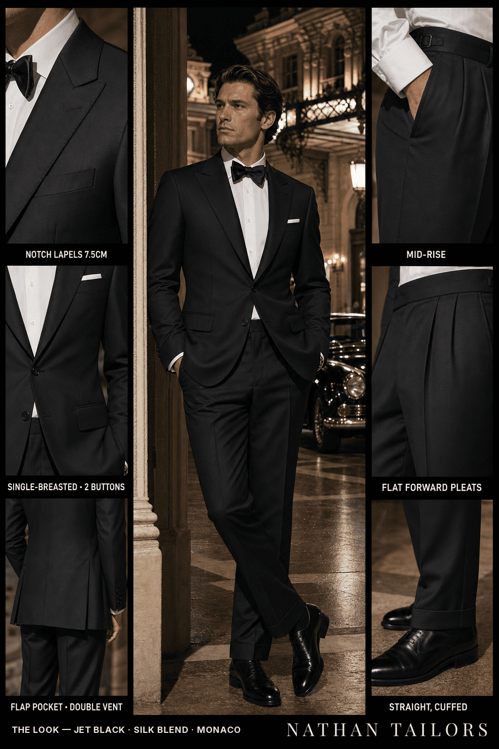 jet black single-breasted notch-lapel bespoke suit — AI-rendered by Nathan Tailors, the Hoi An custom tailor. Available as a custom tailored suit from $149.