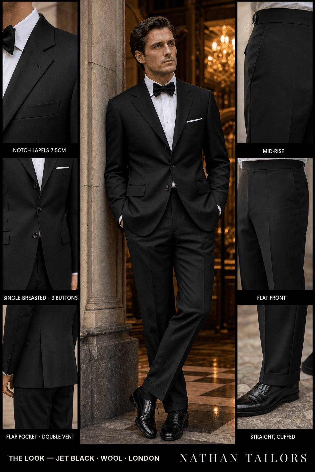 jet black single-breasted notch-lapel bespoke suit — AI-rendered by Nathan Tailors, the Hoi An custom tailor. Available as a custom tailored suit from $149.
