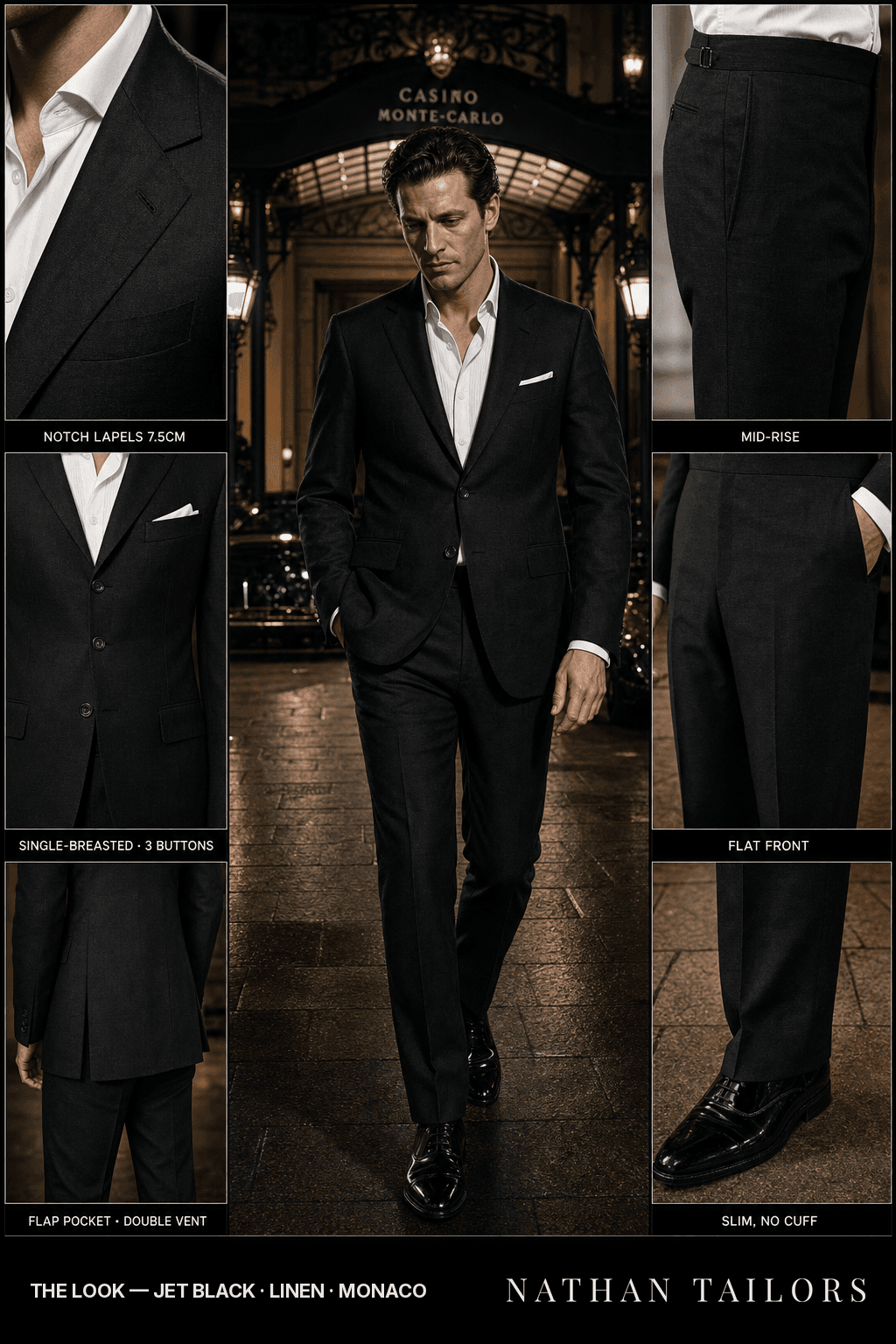 jet black single-breasted bespoke suit — custom tailored by Nathan Tailors, the Hoi An custom tailor