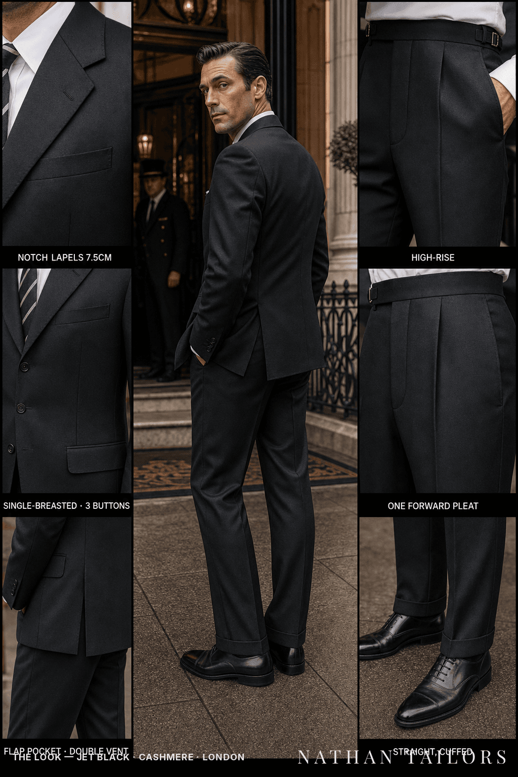 jet black single-breasted suit — Nathan Tailors Hoi An tailor Atelier render