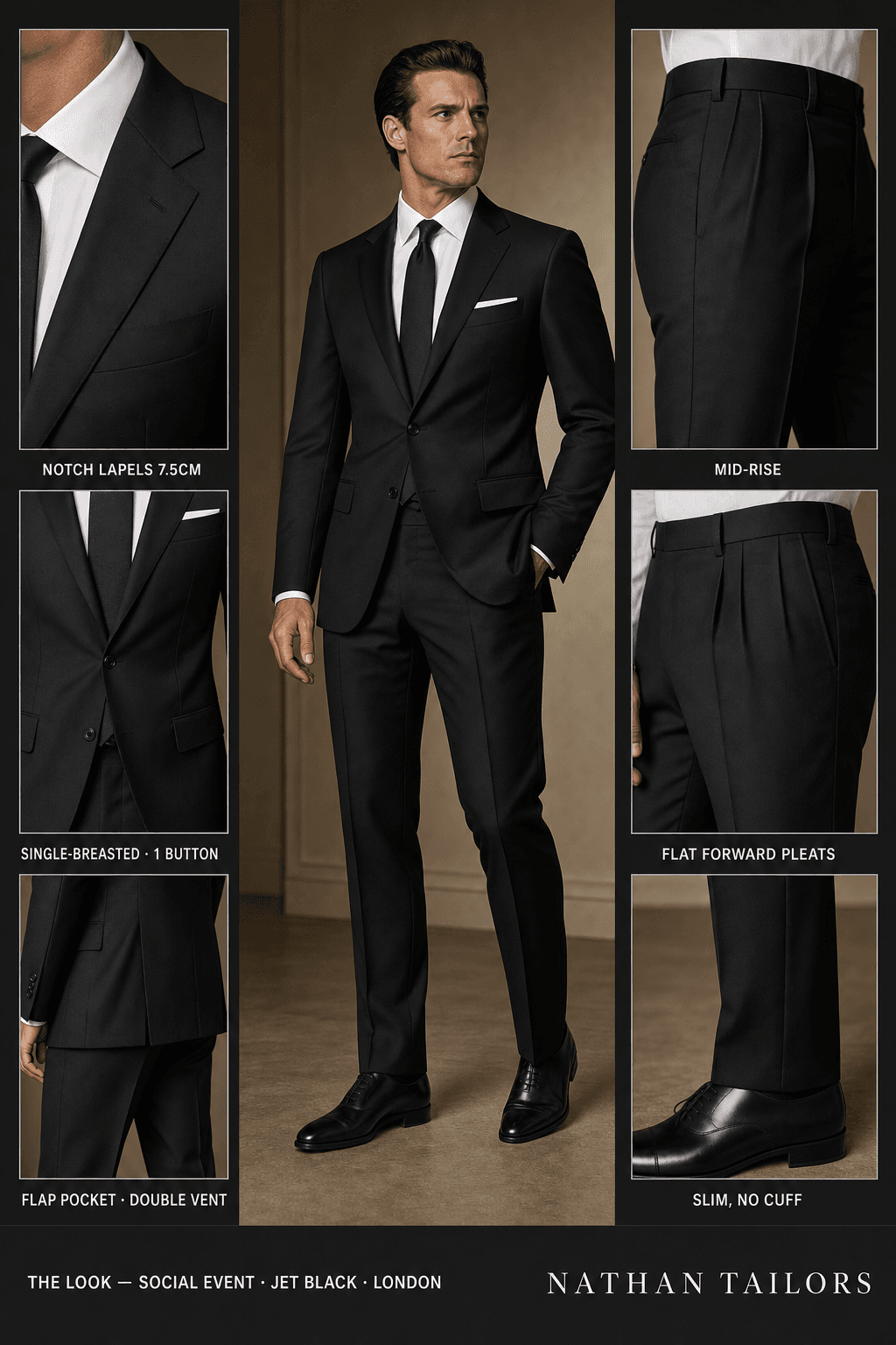 jet black single-breasted bespoke suit — custom tailored by Nathan Tailors, the Hoi An custom tailor