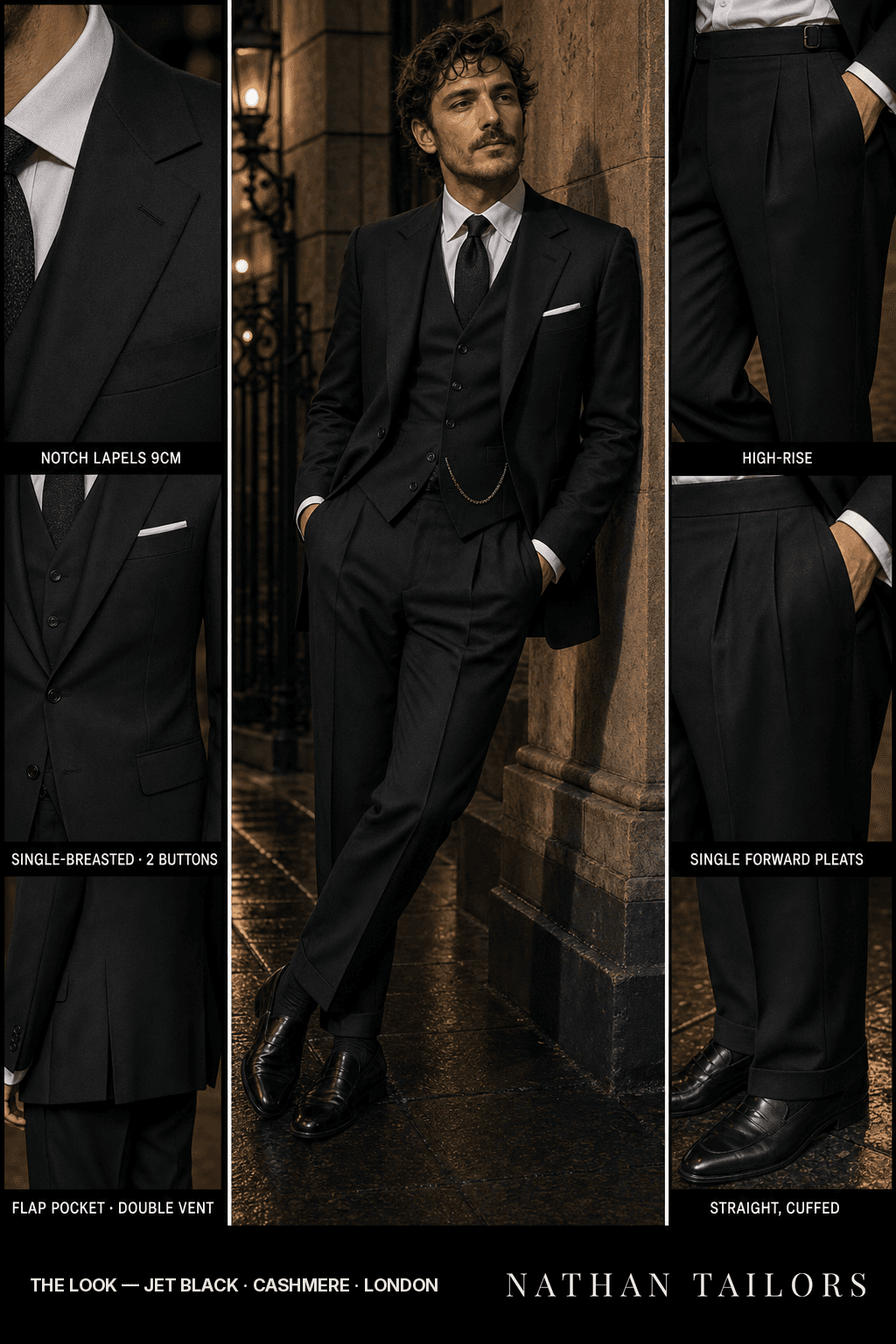 jet black single-breasted notch-lapel bespoke suit — AI-rendered by Nathan Tailors, the Hoi An custom tailor. Available as a custom tailored suit from $149.