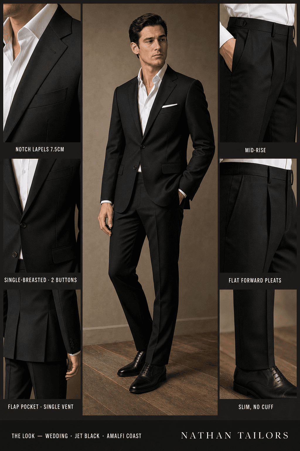 jet black single-breasted notch-lapel bespoke suit — AI-rendered by Nathan Tailors, the Hoi An custom tailor. Available as a custom tailored suit from $129.