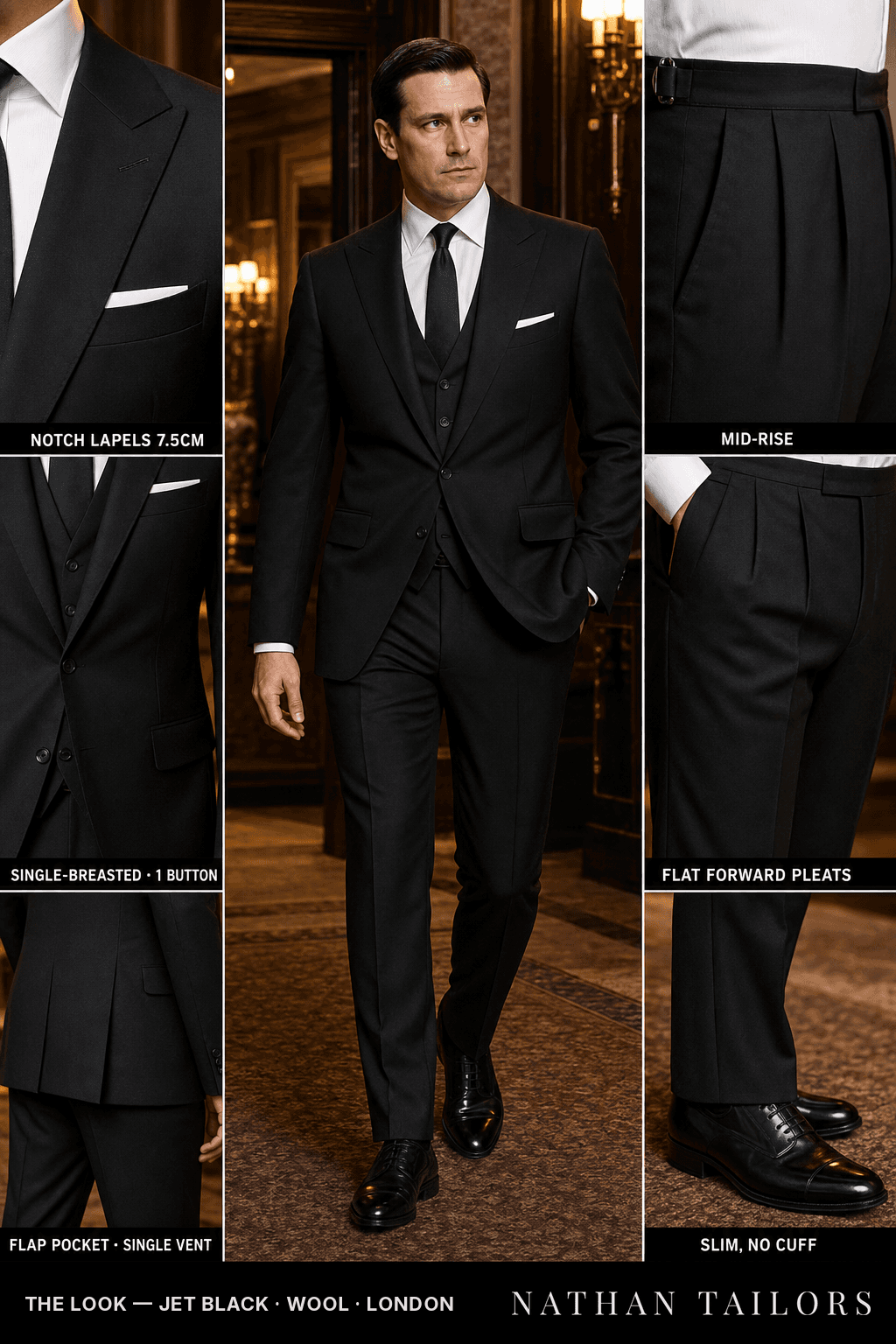 jet black single-breasted bespoke suit — custom tailored by Nathan Tailors, the Hoi An custom tailor