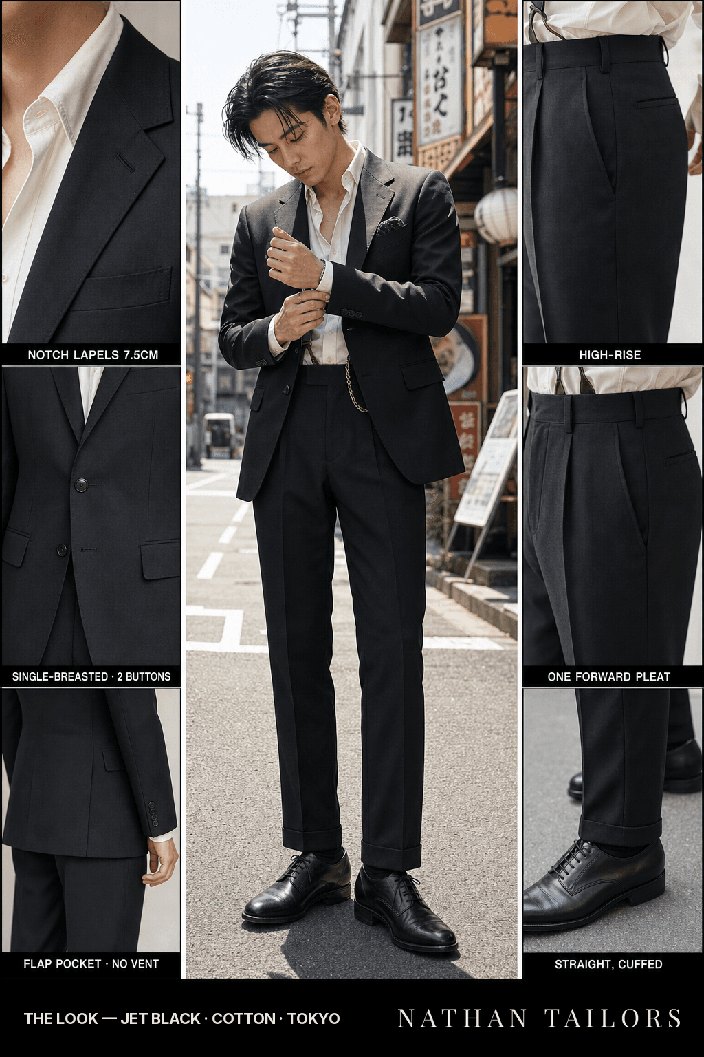 jet black single-breasted bespoke suit — custom tailored by Nathan Tailors, the Hoi An custom tailor