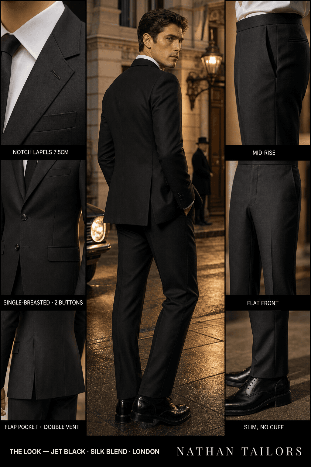 jet black single-breasted bespoke suit — custom tailored by Nathan Tailors, the Hoi An custom tailor