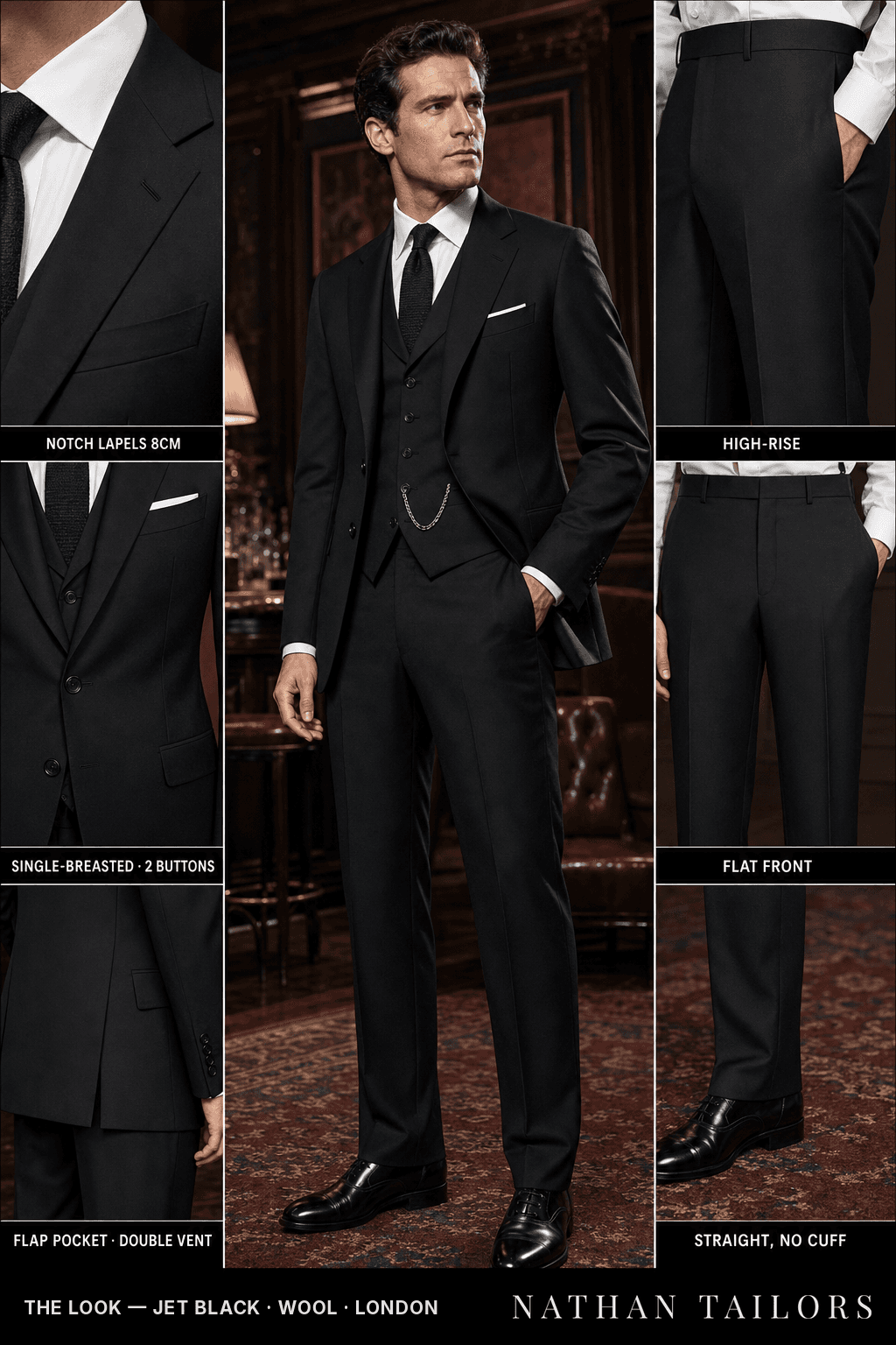 jet black single-breasted notch-lapel bespoke suit — AI-rendered by Nathan Tailors, the Hoi An custom tailor. Available as a custom tailored suit from $149.