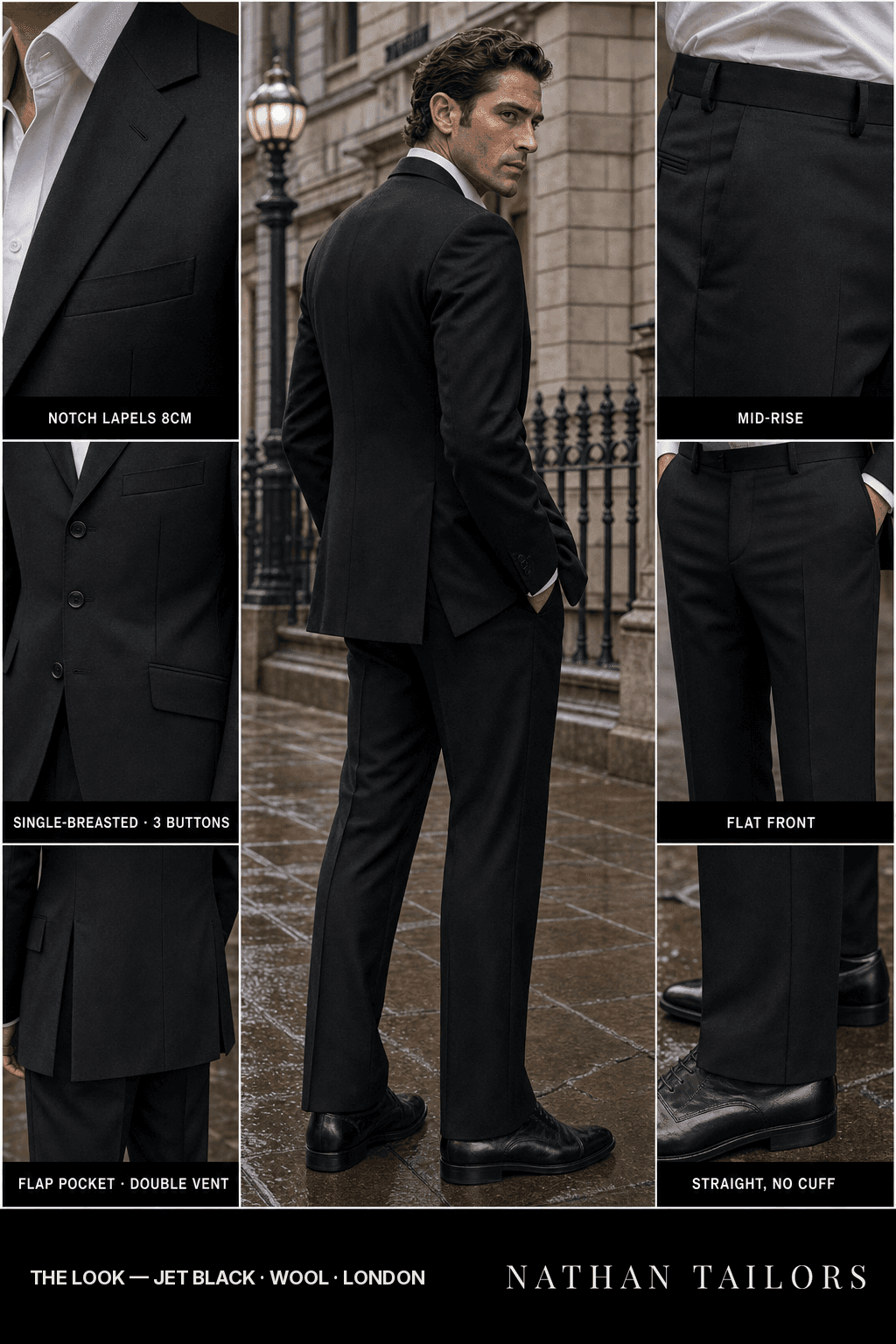 jet black single-breasted bespoke suit — custom tailored by Nathan Tailors, the Hoi An custom tailor