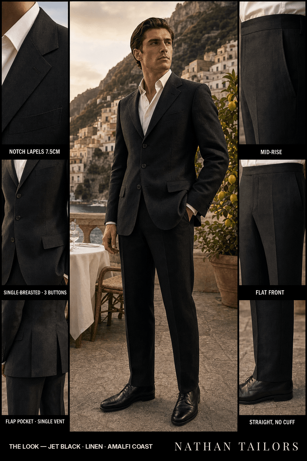 jet black single-breasted bespoke suit — custom tailored by Nathan Tailors, the Hoi An custom tailor