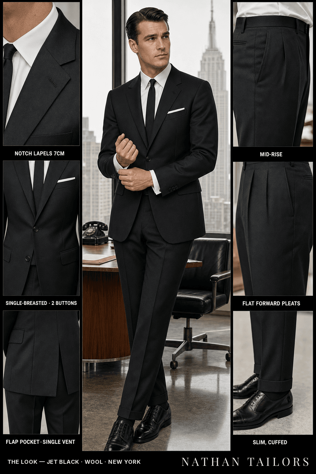 jet black single-breasted bespoke suit — custom tailored by Nathan Tailors, the Hoi An custom tailor