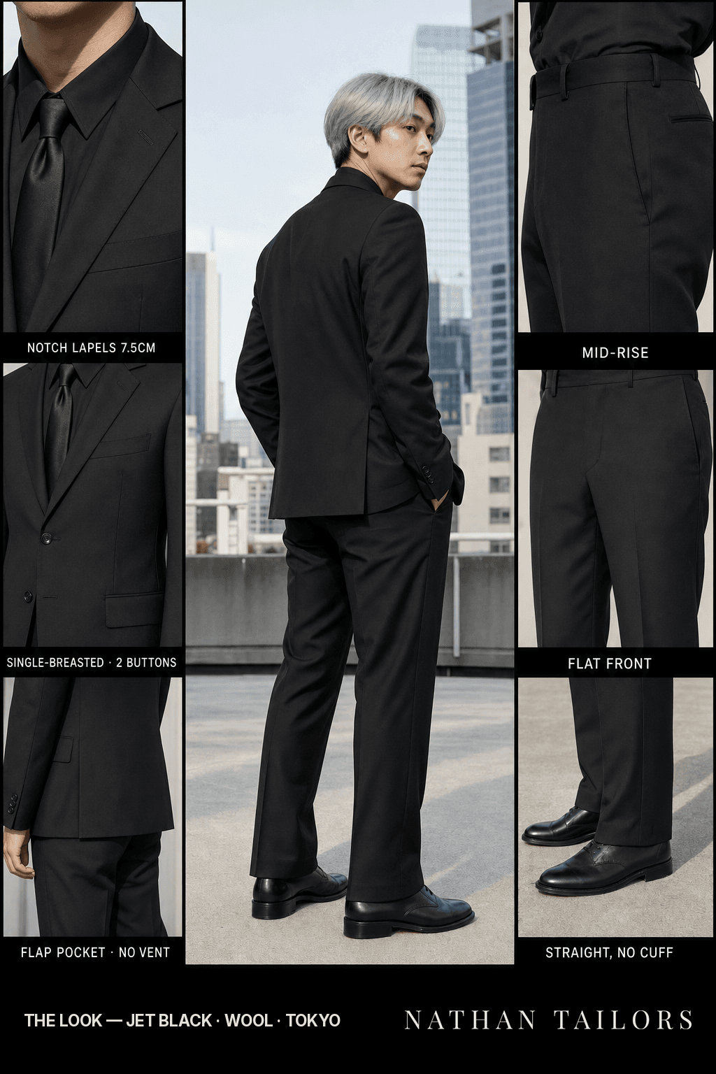 jet black single-breasted bespoke suit — custom tailored by Nathan Tailors, the Hoi An custom tailor