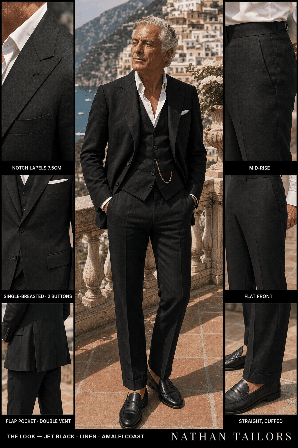 jet black single-breasted bespoke suit — custom tailored by Nathan Tailors, the Hoi An custom tailor