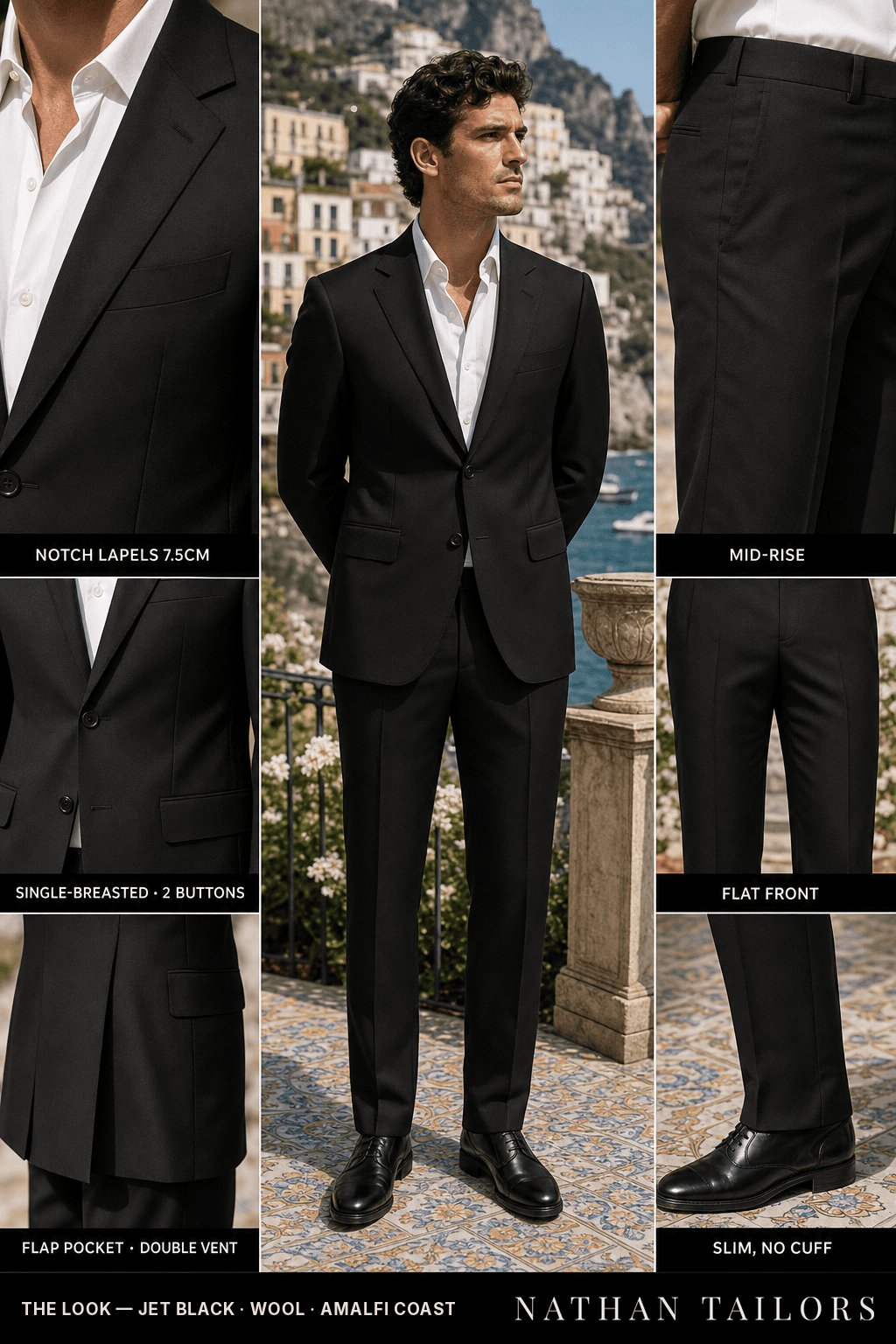 jet black single-breasted bespoke suit — custom tailored by Nathan Tailors, the Hoi An custom tailor