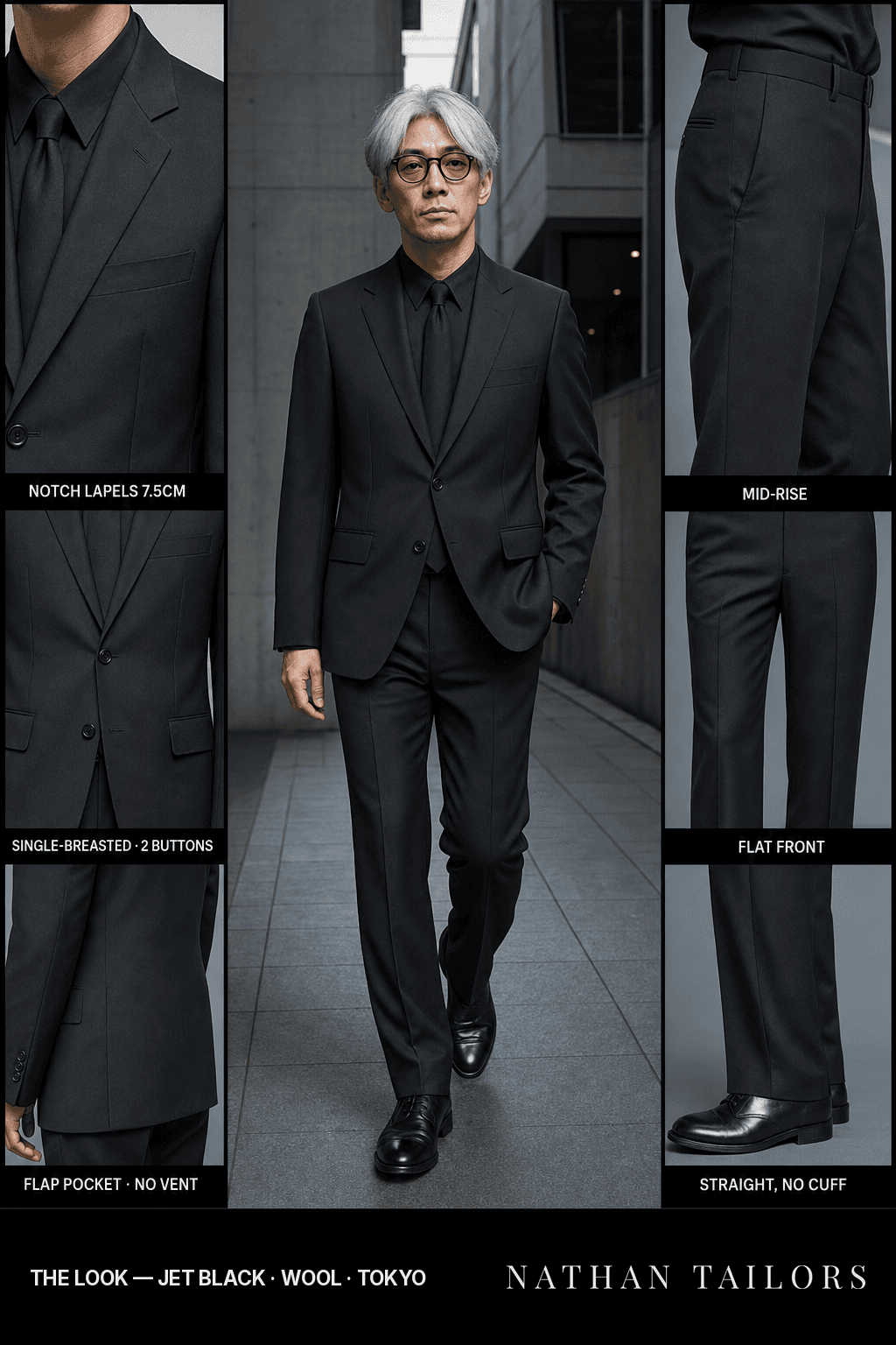 jet black single-breasted bespoke suit — custom tailored by Nathan Tailors, the Hoi An custom tailor