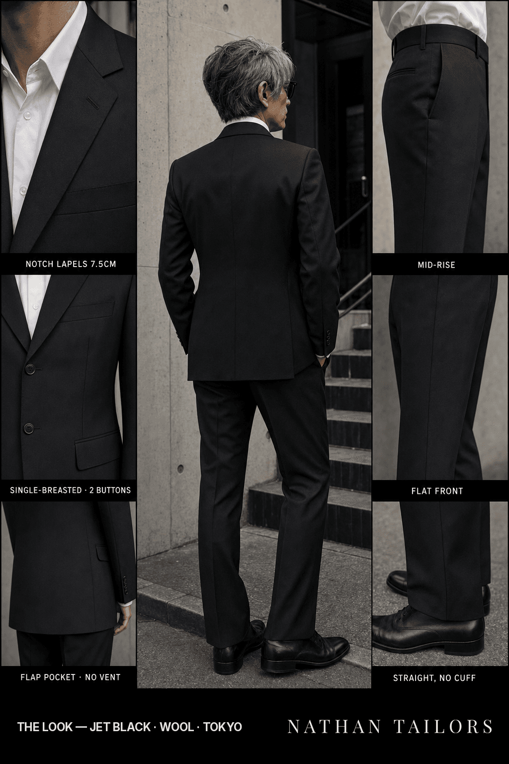 jet black single-breasted bespoke suit — custom tailored by Nathan Tailors, the Hoi An custom tailor