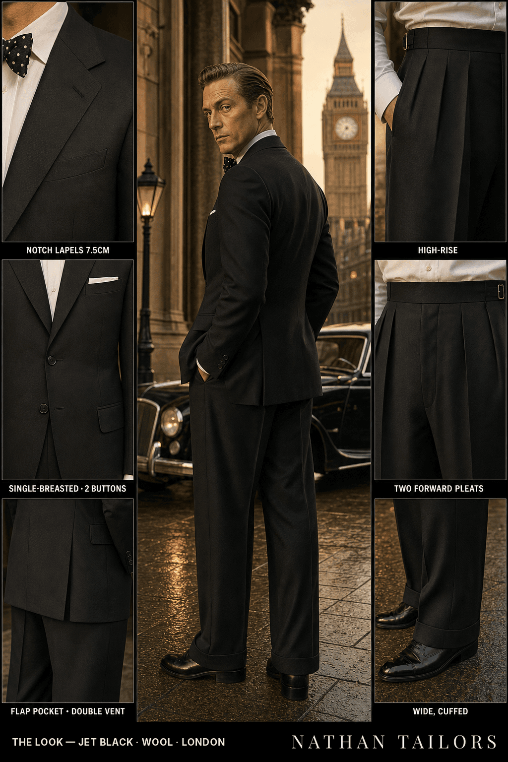 jet black single-breasted bespoke suit — custom tailored by Nathan Tailors, the Hoi An custom tailor