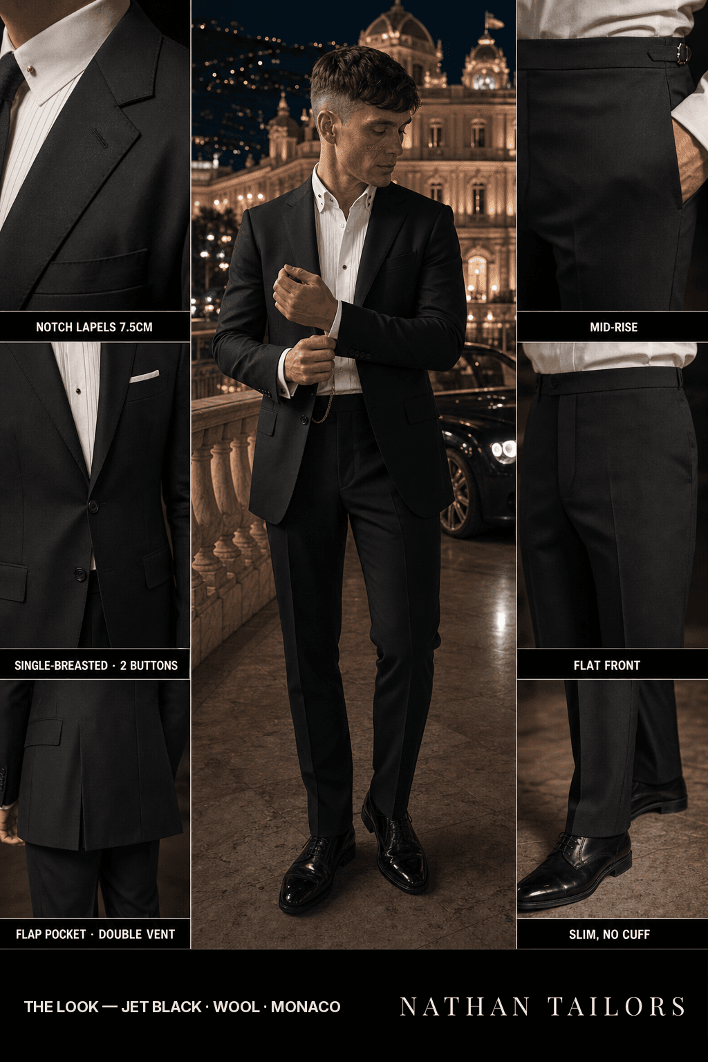 jet black single-breasted bespoke suit — custom tailored by Nathan Tailors, the Hoi An custom tailor