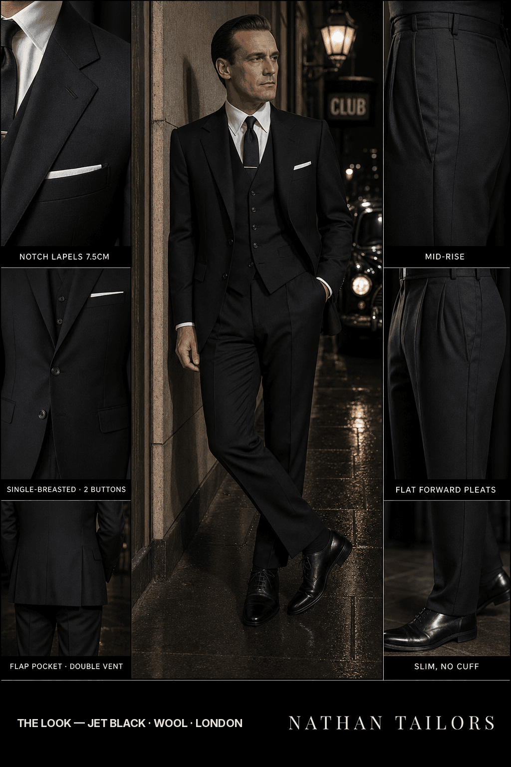 jet black single-breasted bespoke suit — custom tailored by Nathan Tailors, the Hoi An custom tailor