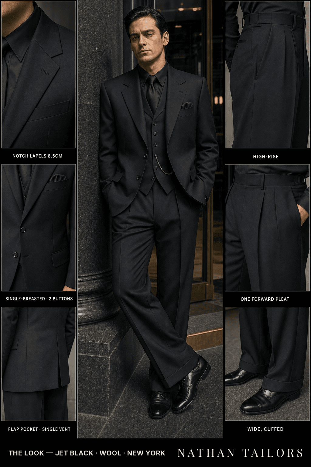 jet black single-breasted bespoke suit — custom tailored by Nathan Tailors, the Hoi An custom tailor