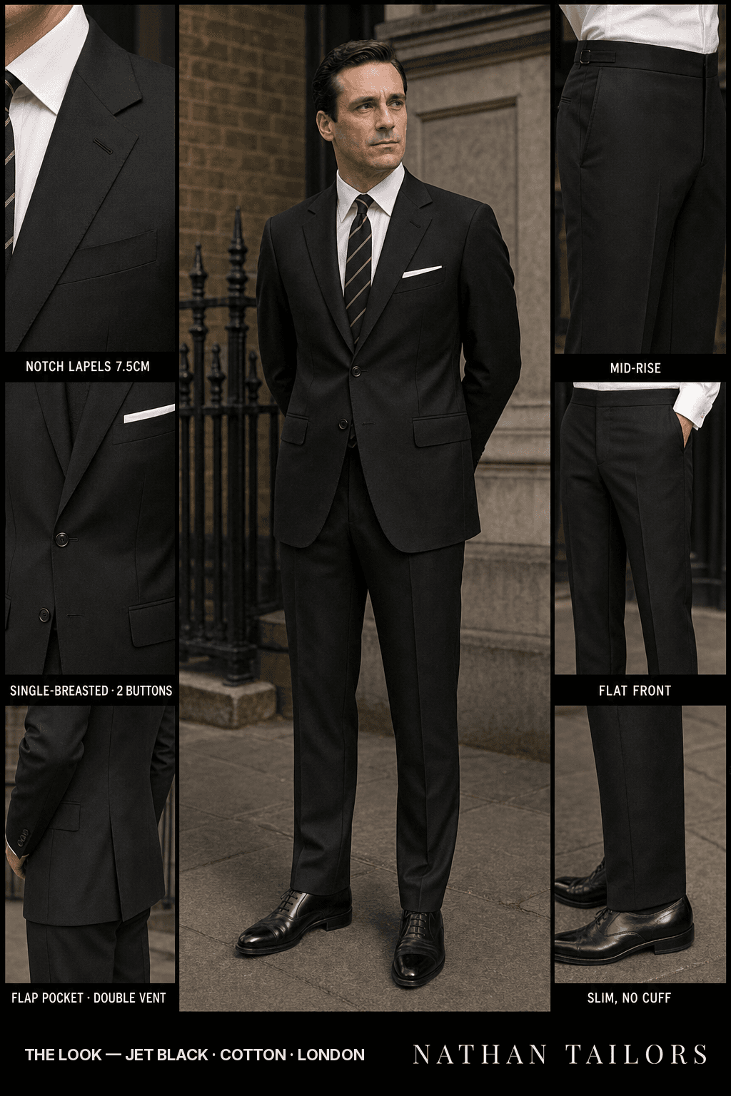 jet black single-breasted bespoke suit — custom tailored by Nathan Tailors, the Hoi An custom tailor