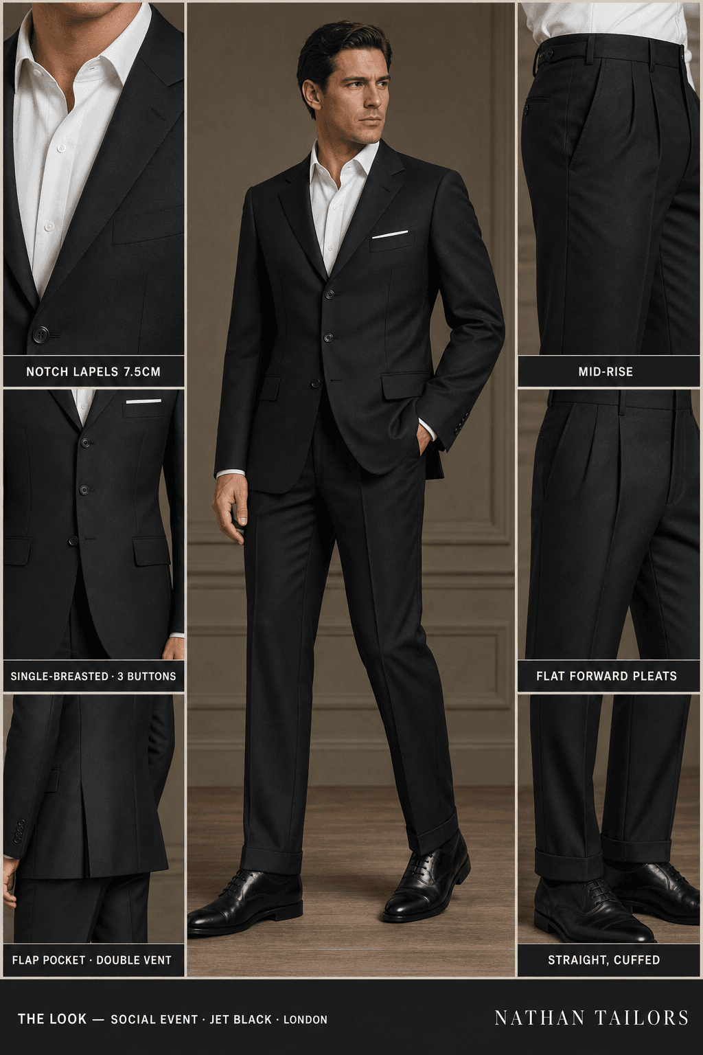 jet black single-breasted notch-lapel bespoke suit — AI-rendered by Nathan Tailors, the Hoi An custom tailor. Available as a custom tailored suit from $129.