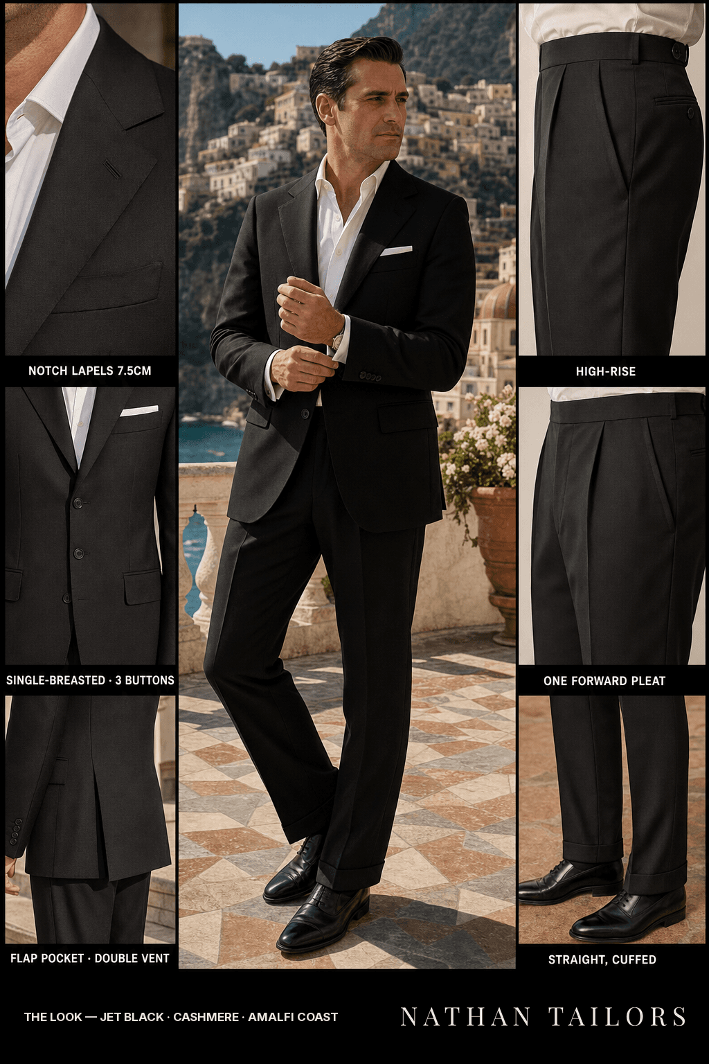 jet black single-breasted suit — Nathan Tailors Hoi An tailor Atelier render