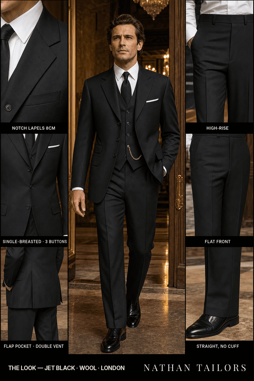 jet black single-breasted notch-lapel bespoke suit — AI-rendered by Nathan Tailors, the Hoi An custom tailor. Available as a custom tailored suit from $149.