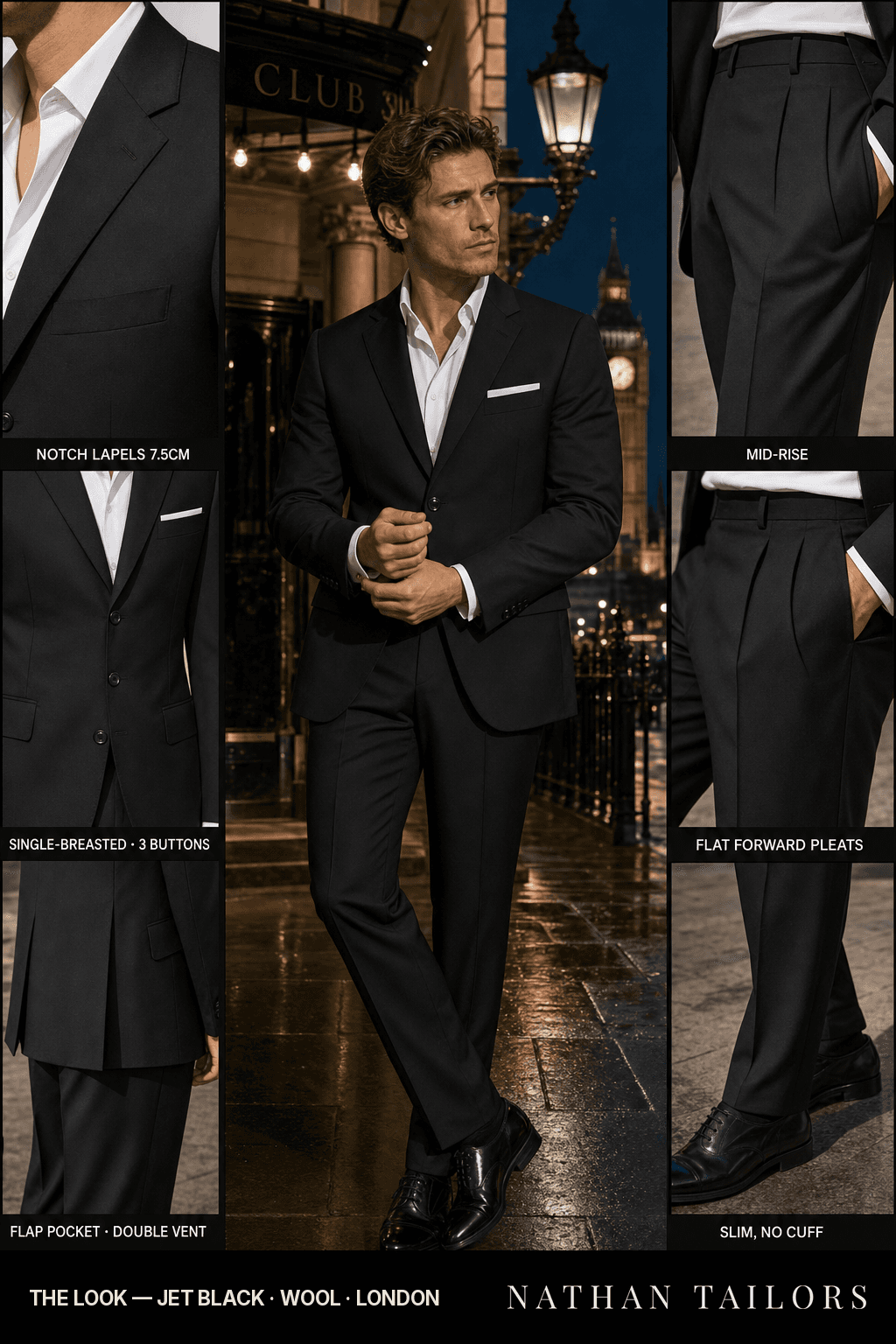 jet black single-breasted bespoke suit — custom tailored by Nathan Tailors, the Hoi An custom tailor