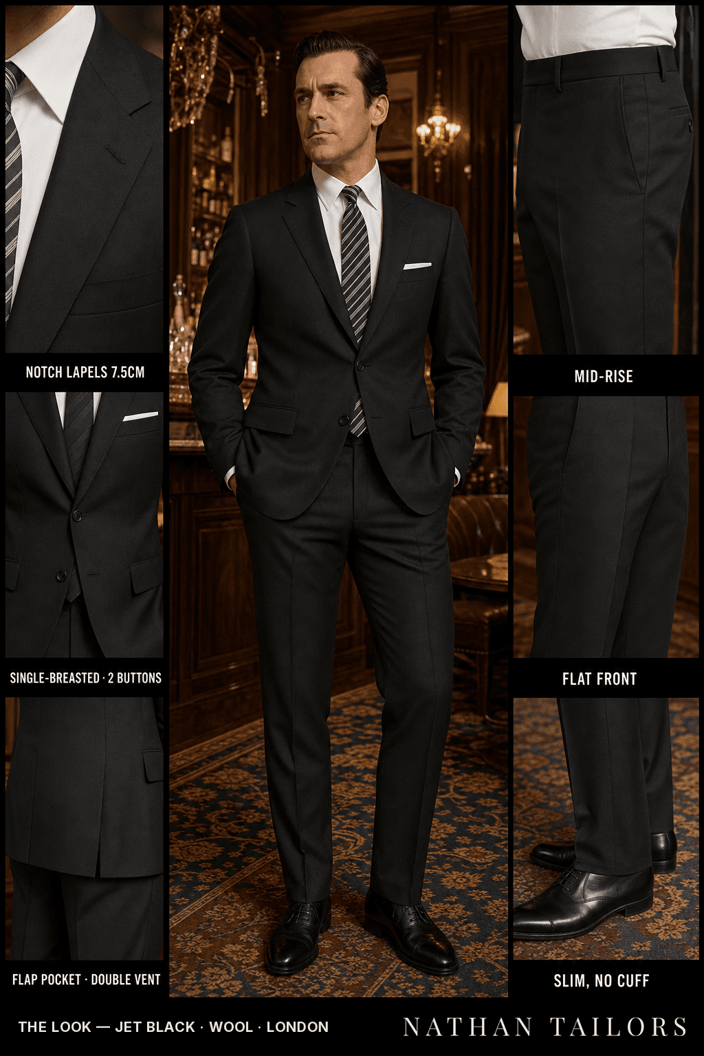 jet black single-breasted bespoke suit — custom tailored by Nathan Tailors, the Hoi An custom tailor