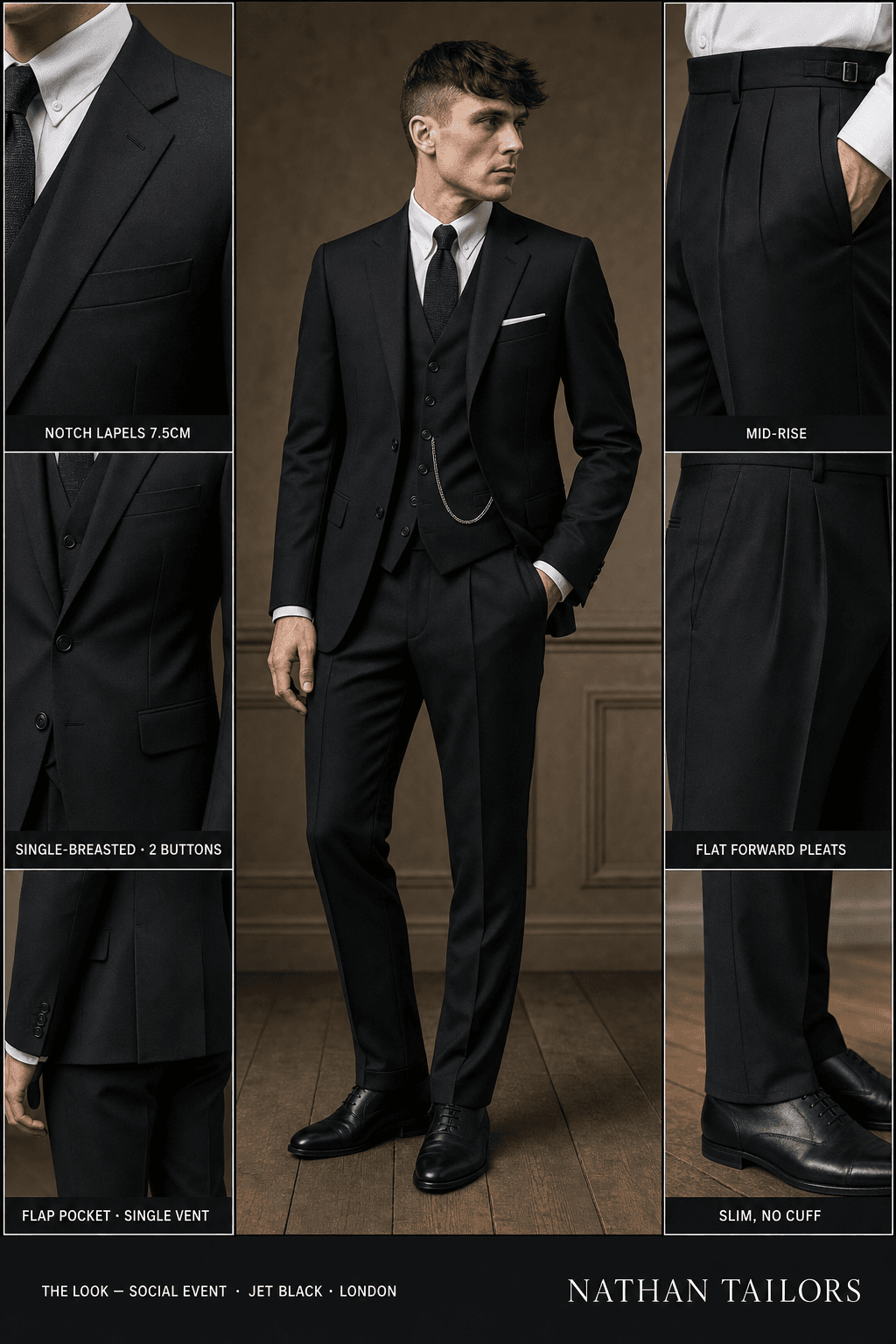 jet black single-breasted notch-lapel bespoke suit — AI-rendered by Nathan Tailors, the Hoi An custom tailor. Available as a custom tailored suit from $129.