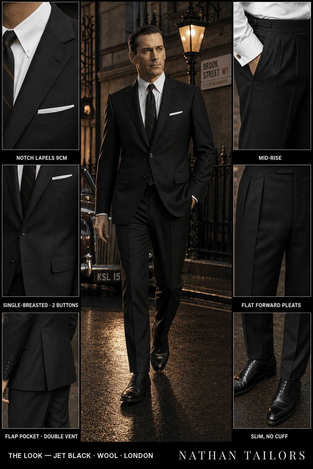 jet black single-breasted bespoke suit — custom tailored by Nathan Tailors, the Hoi An custom tailor