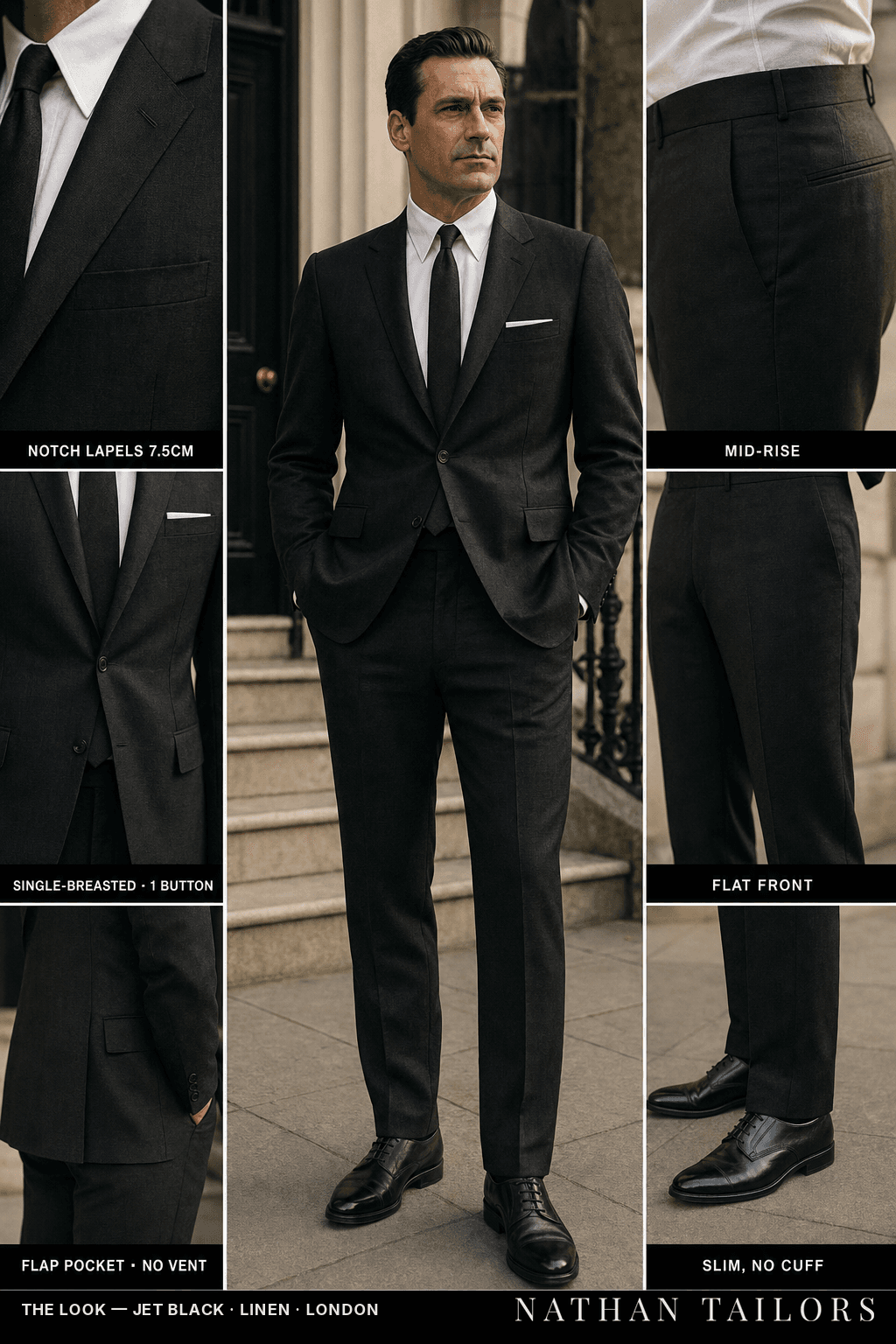 jet black single-breasted notch-lapel bespoke suit — AI-rendered by Nathan Tailors, the Hoi An custom tailor. Available as a custom tailored suit from $149.