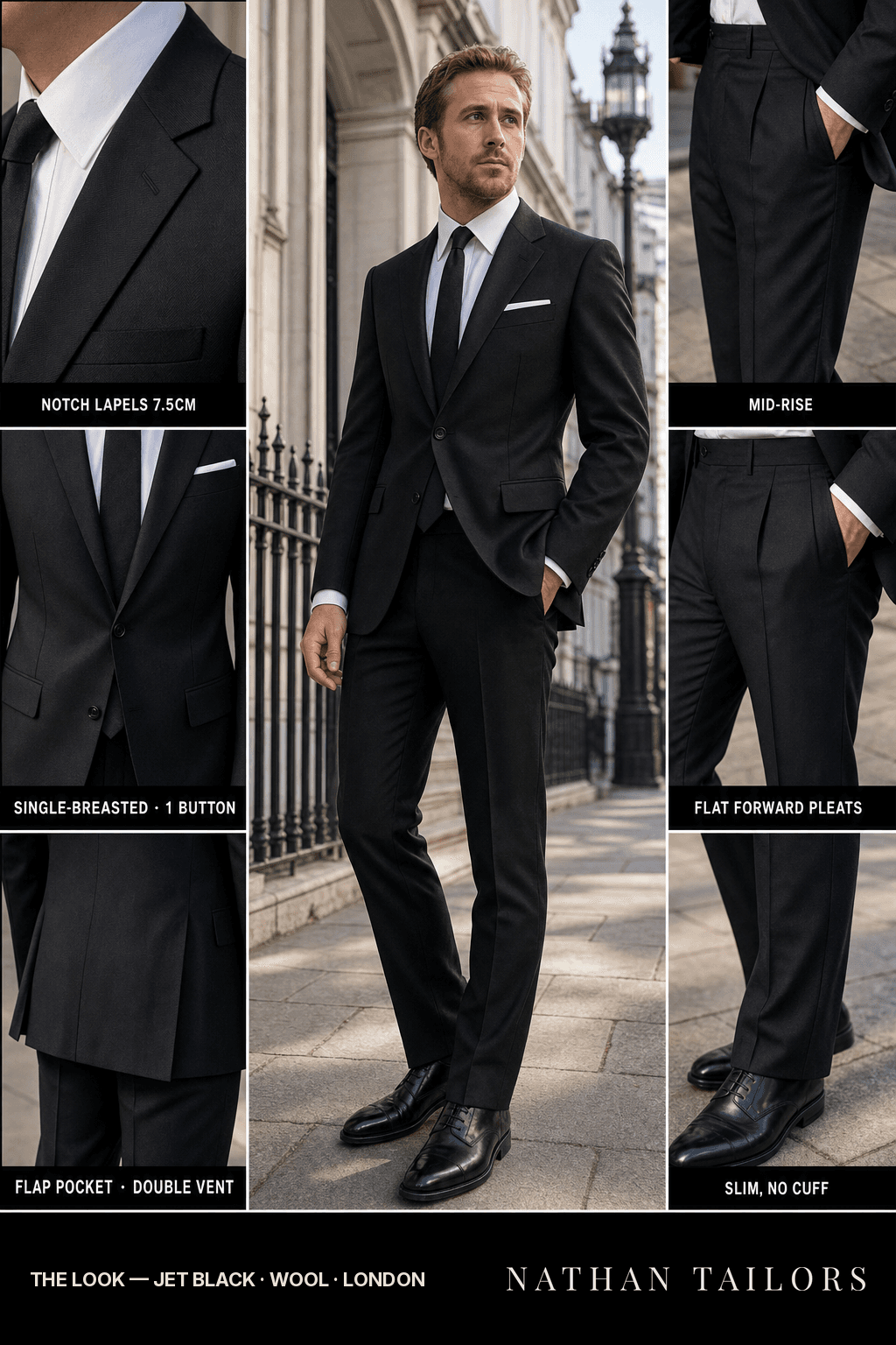 jet black single-breasted bespoke suit — custom tailored by Nathan Tailors, the Hoi An custom tailor