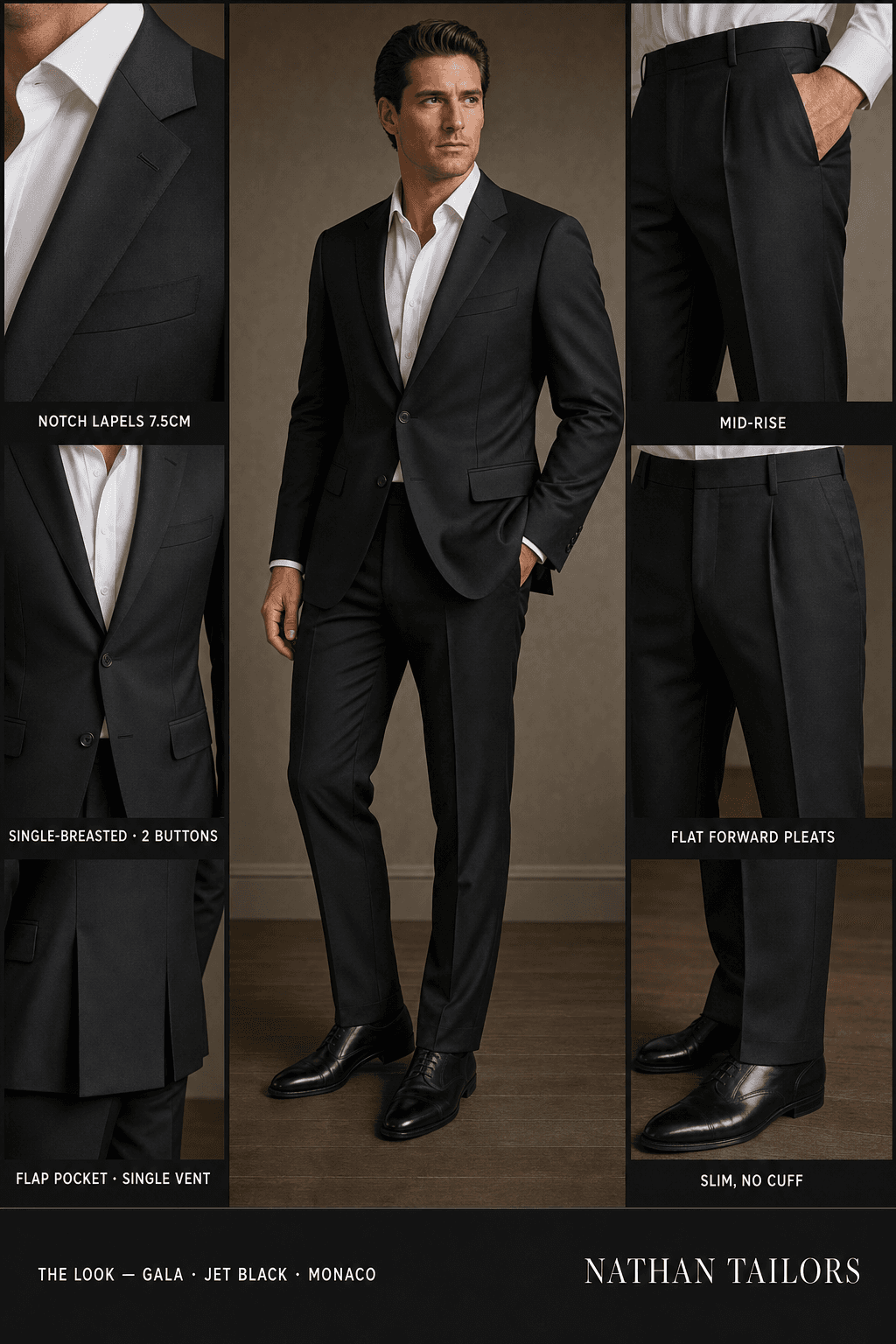 jet black single-breasted notch-lapel bespoke suit — AI-rendered by Nathan Tailors, the Hoi An custom tailor. Available as a custom tailored suit from $129.