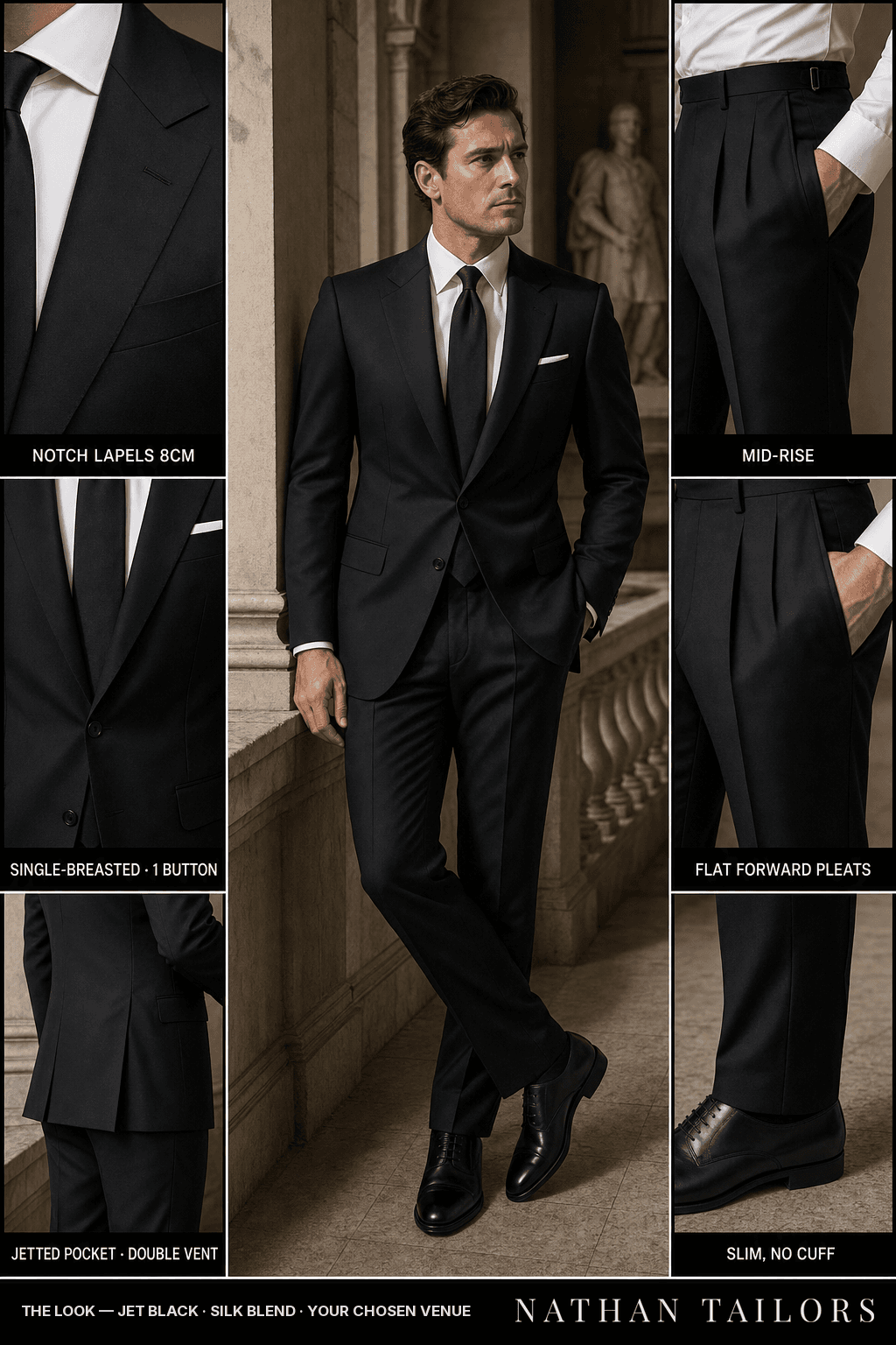 jet black single-breasted bespoke suit — custom tailored by Nathan Tailors, the Hoi An custom tailor