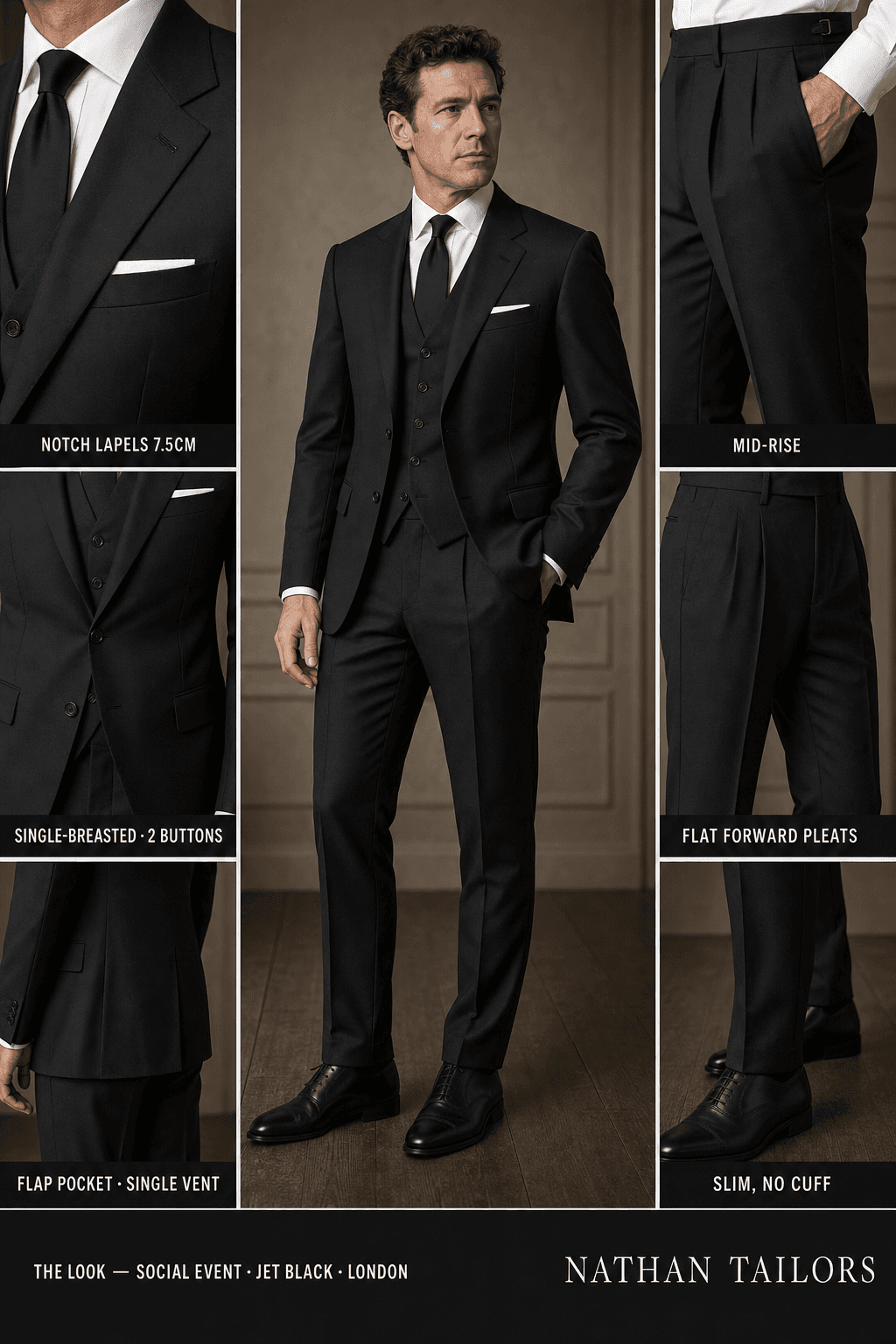 jet black single-breasted notch-lapel bespoke suit — AI-rendered by Nathan Tailors, the Hoi An custom tailor. Available as a custom tailored suit from $129.